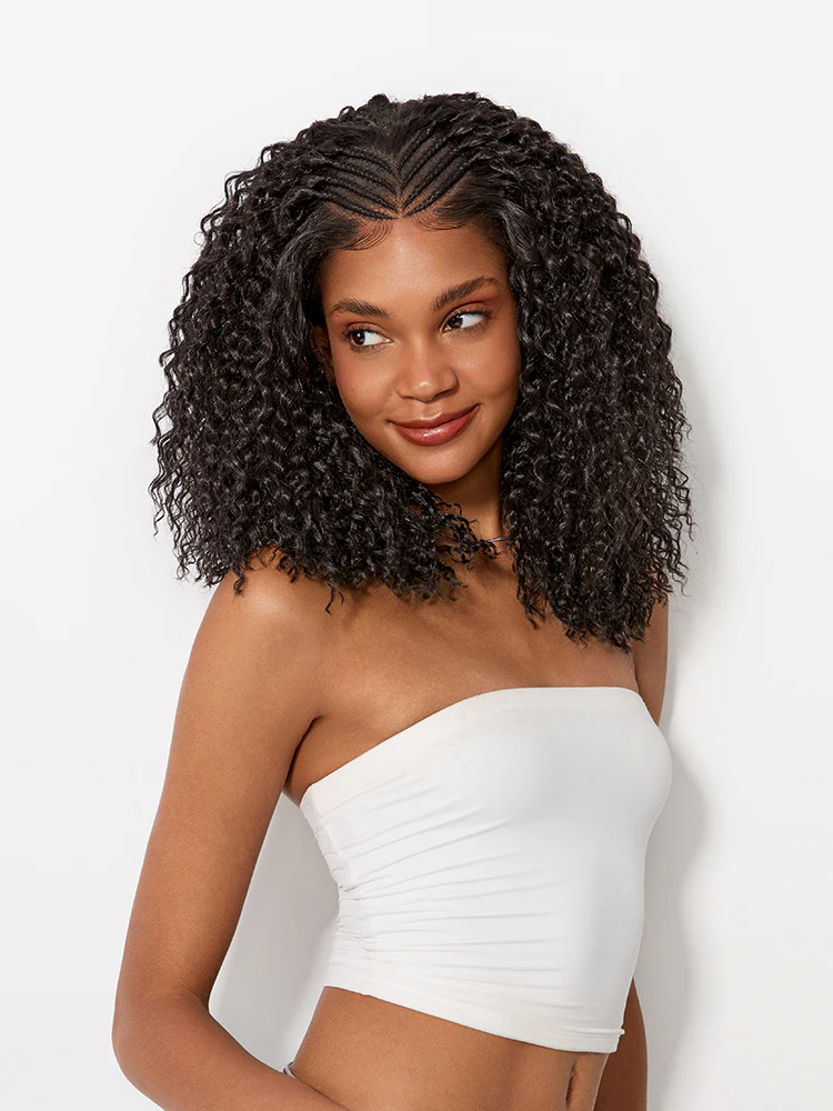 Ophirawig Veralux? Fiber 13x6 Lace Front Braided Wig with Cornrow Top Kinky Curly Hair Pre Cut Lace and Baby Hair in Natural Black