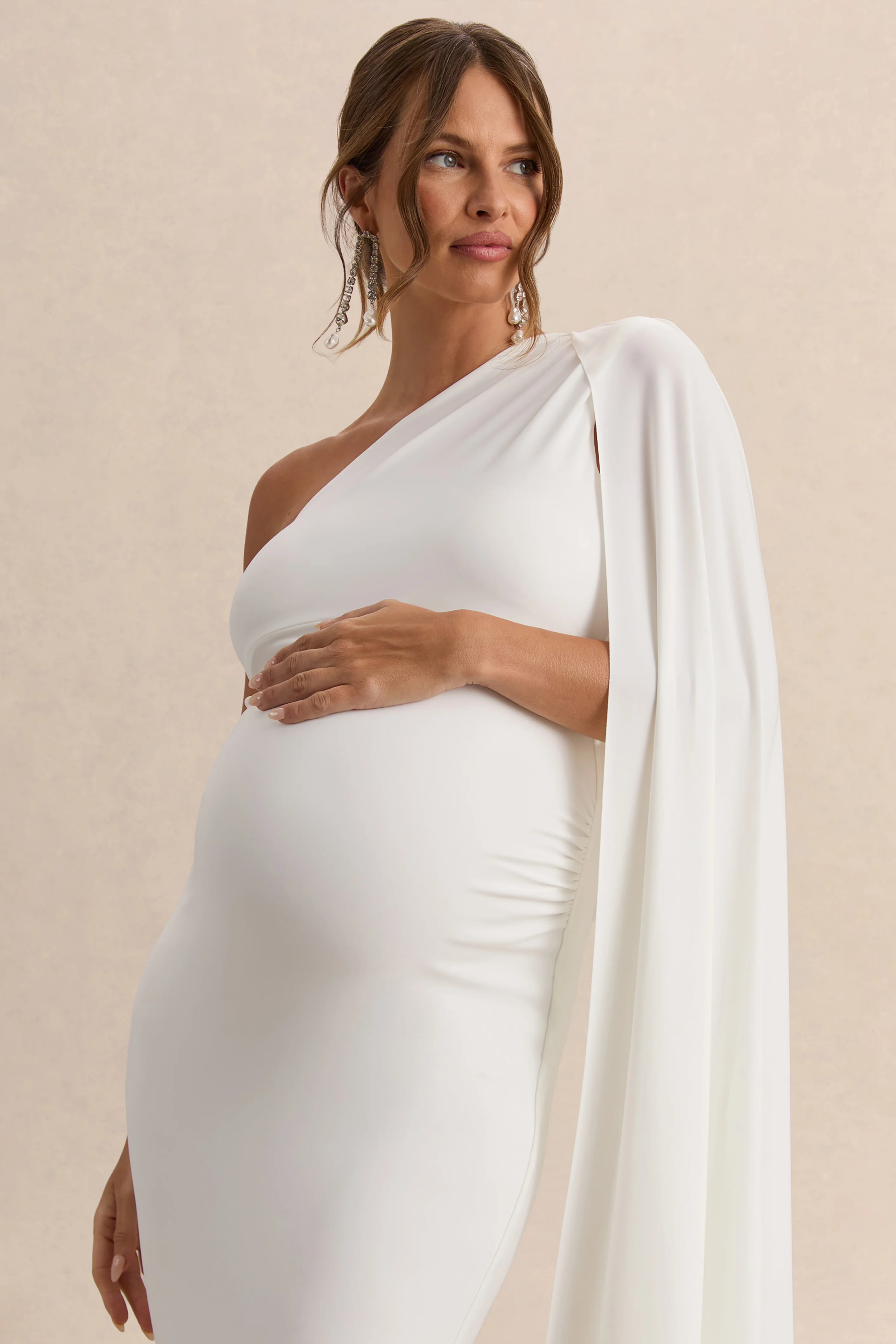 Amaryllis | White Maternity One Shoulder Maxi Dress with Cape Sleeve