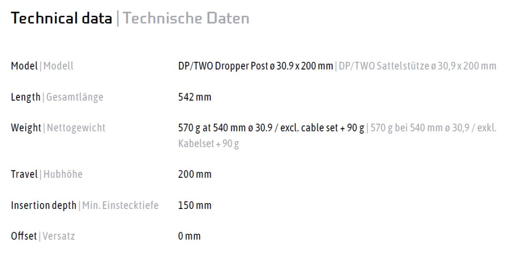 DXC DP/TWO Dropper Post - Ø 30.9 mm - Travel 200 mm