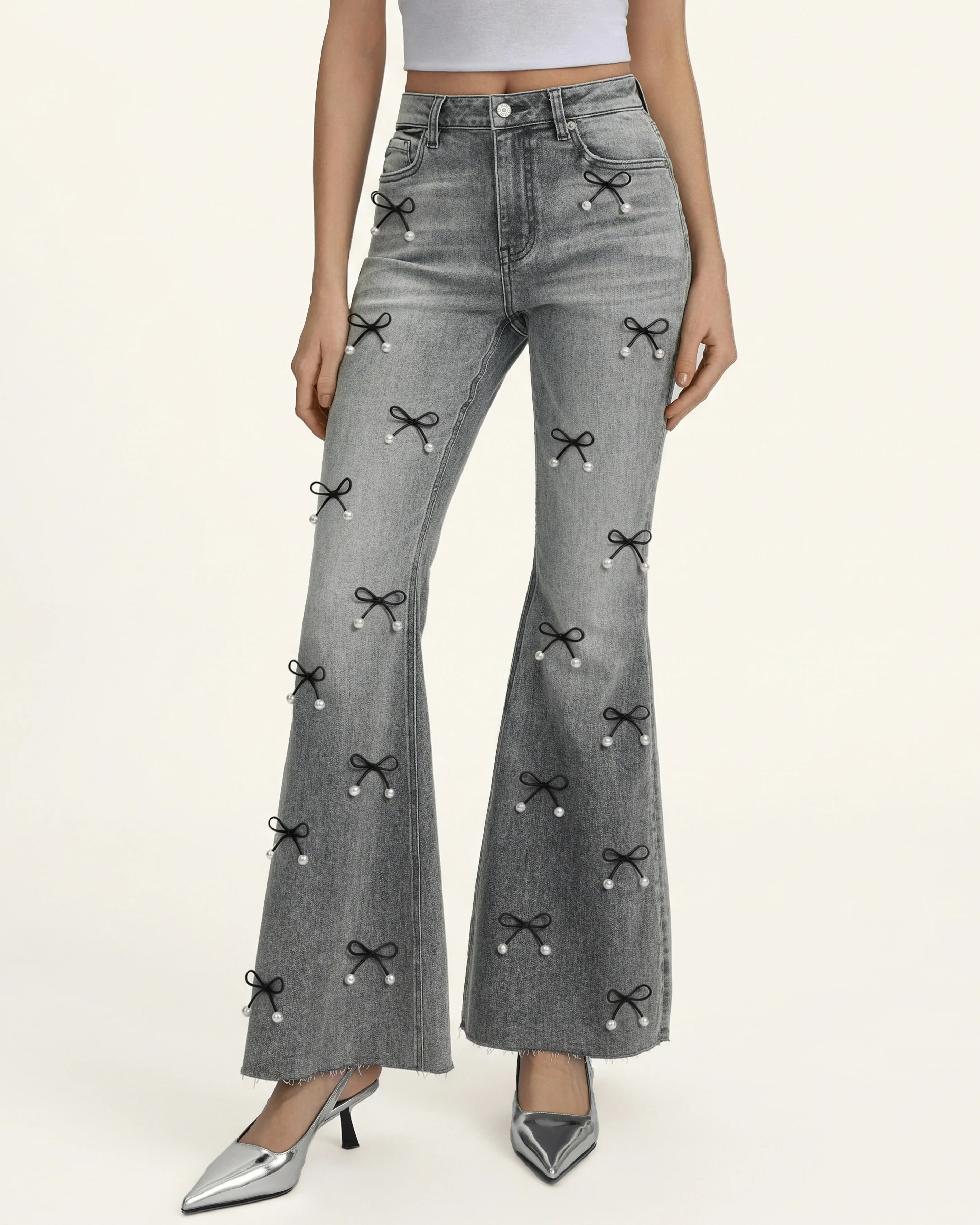Pearl Accent Bow Boogie Child Fray Jeans - Smoke and Mirrors