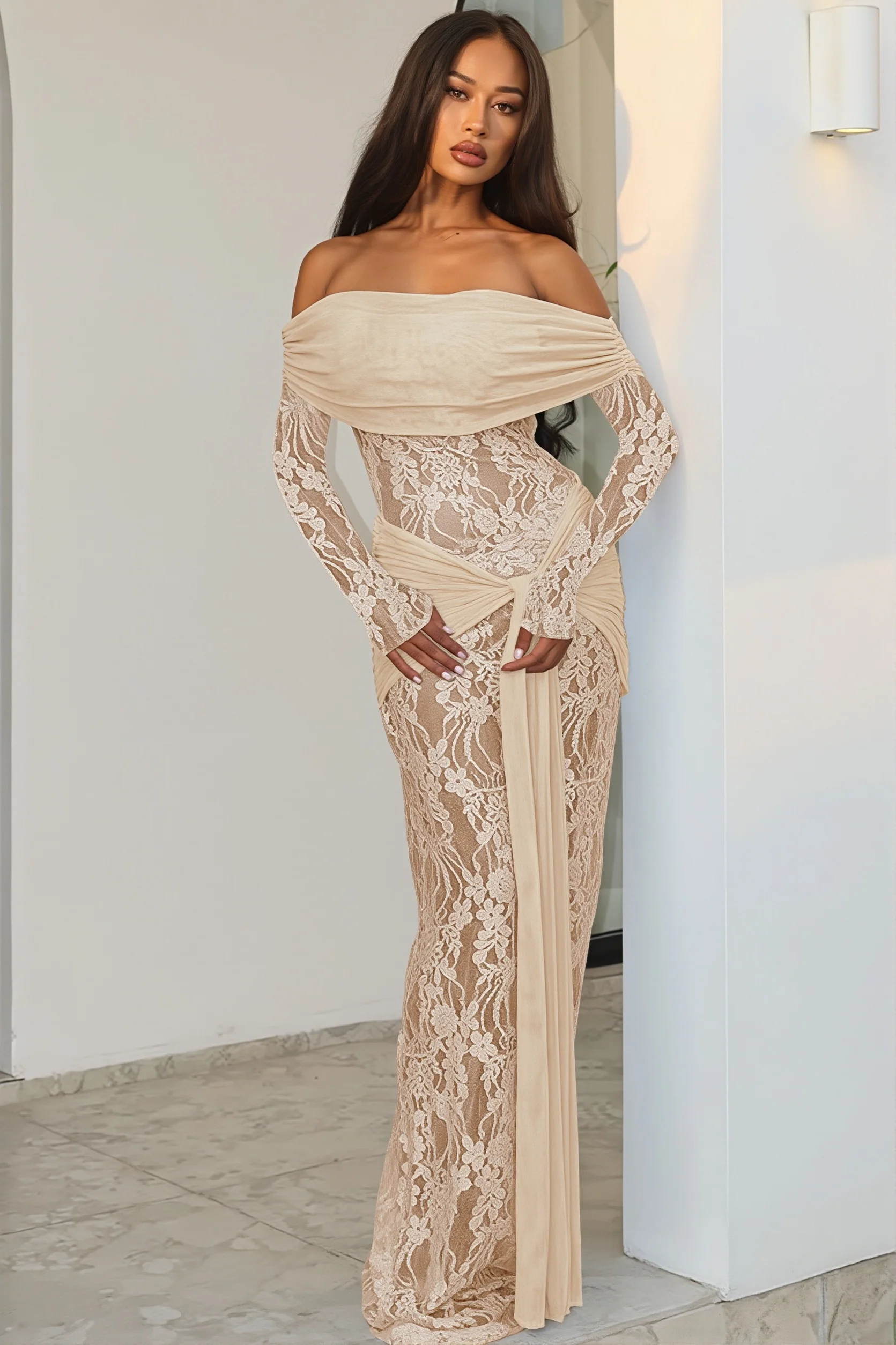 Chic Lace Trim Off Shoulder Long Sleeve Wrap Maxi Dress
