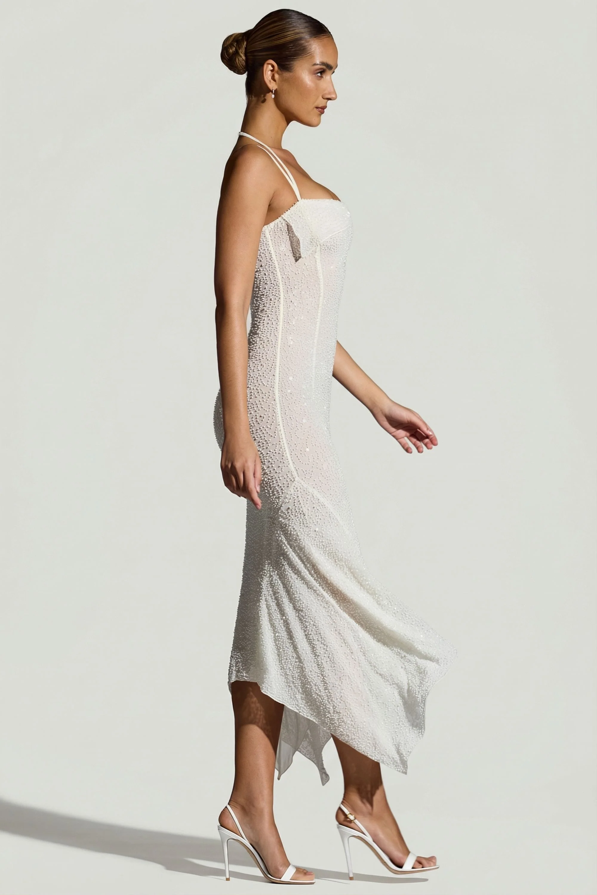 Embellished Handkerchief Hem Maxi Dress in White