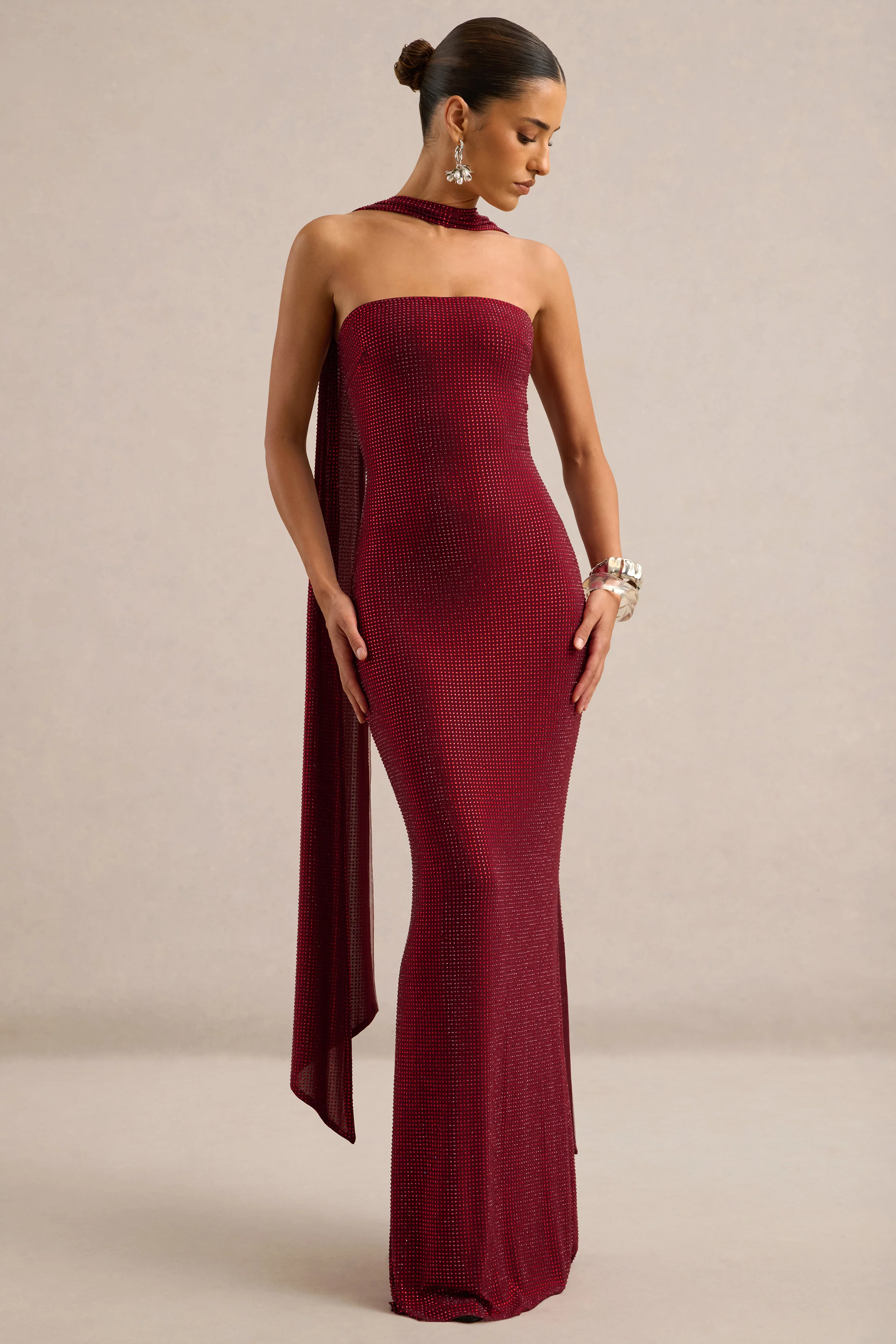 Dafina | Burgundy Embellished Jersey Bandeau Maxi Dress With Scarf Detail