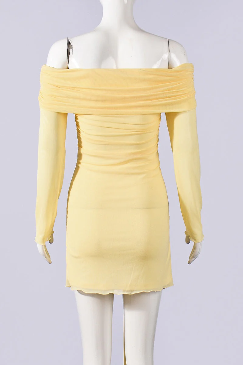 Long Sleeves Yellow Ruched Tight Short Dress