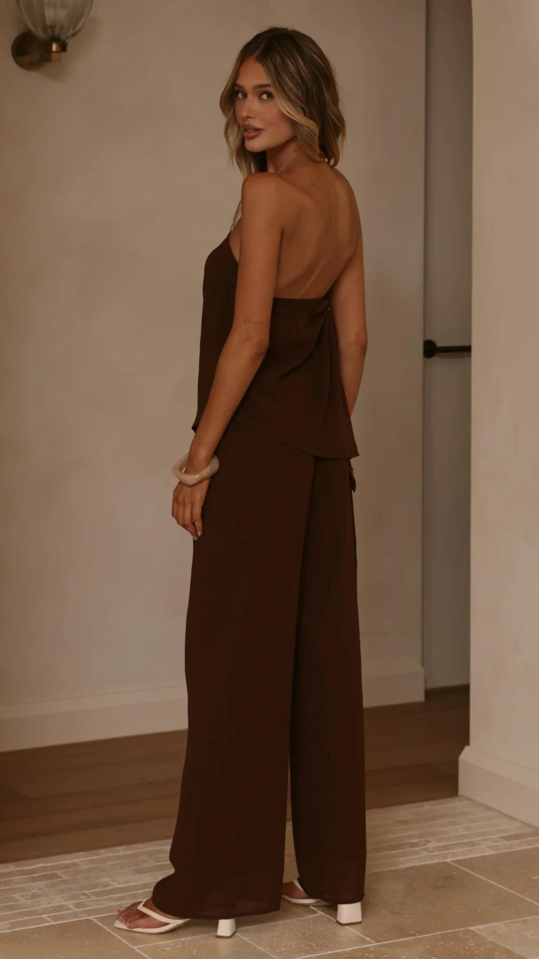 Zabrina Semi Sheer Strapless Top and Pants Set - Chocolate