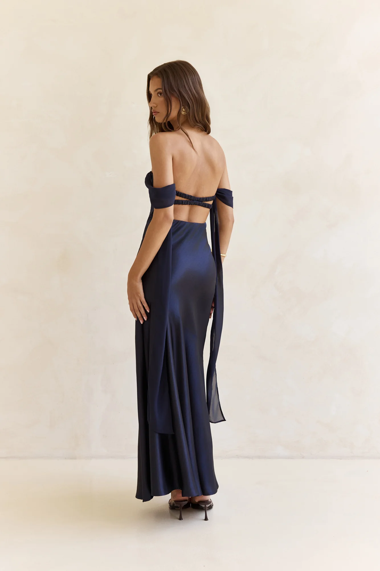Late Night Dreams Off Shoulder Satin Maxi Dress Navy