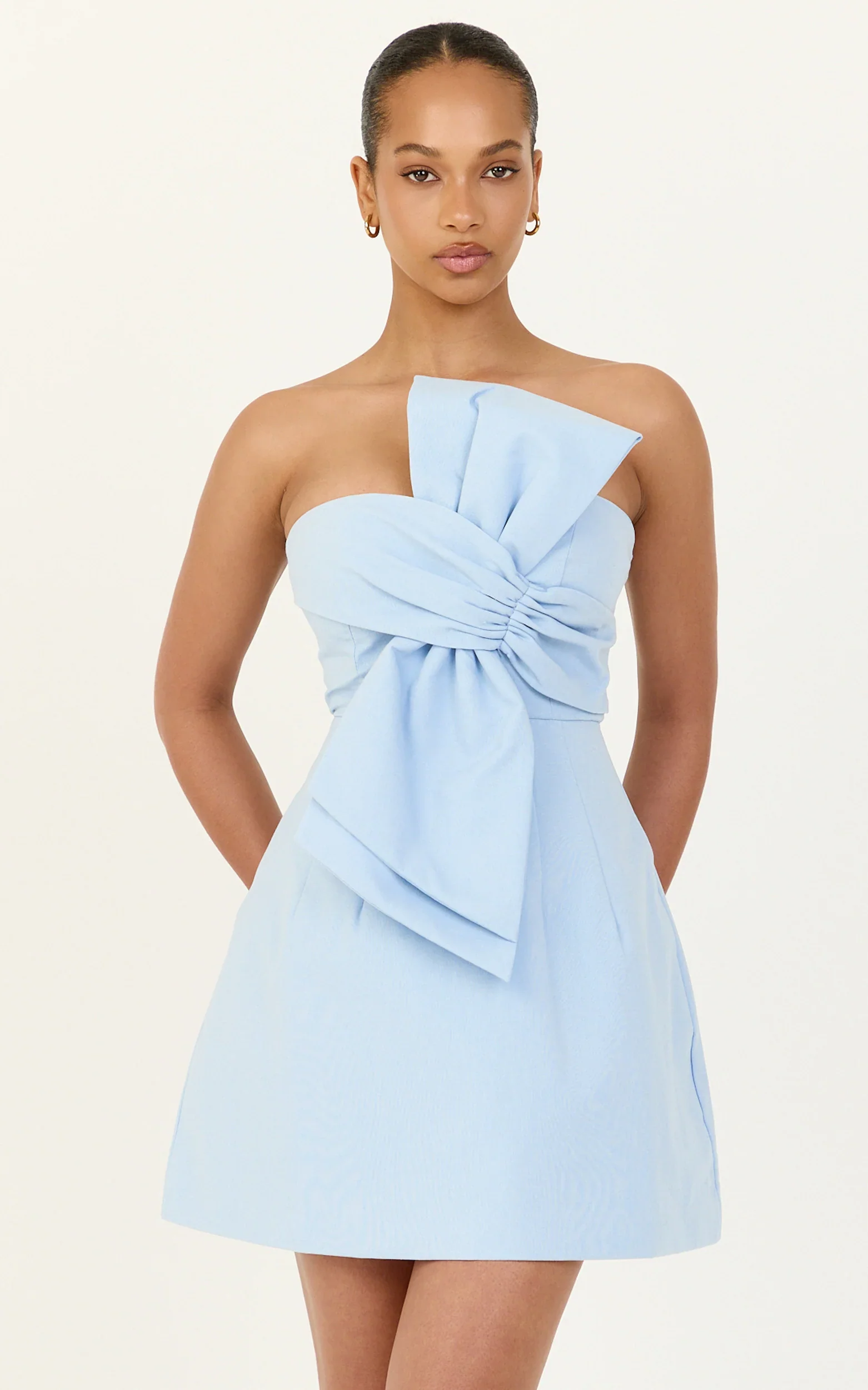 Chika Mini Dress - Linen Strapless Front Bow Dress in Pale Blue