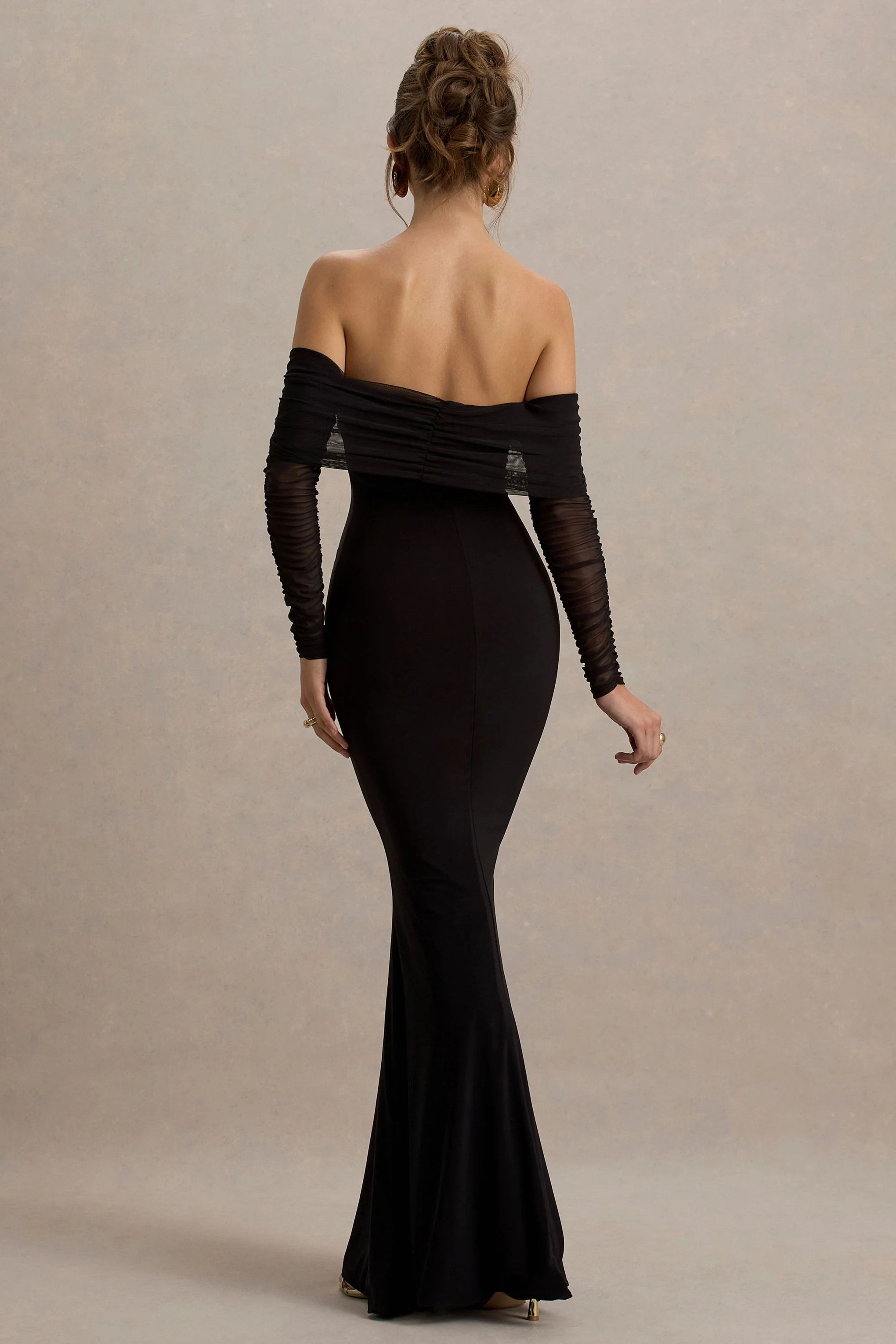 Madeleine | Black Fishtail Maxi Dress With Bardot Mesh Long Sleeves