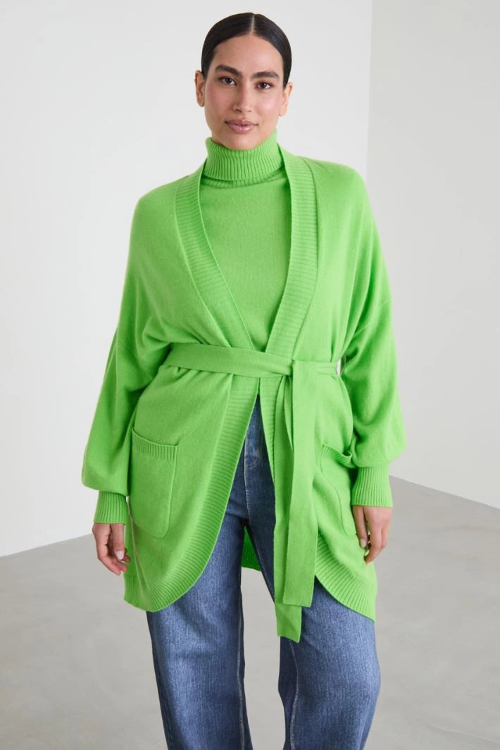 Cashmere cardigan with belt - VIVID GREEN