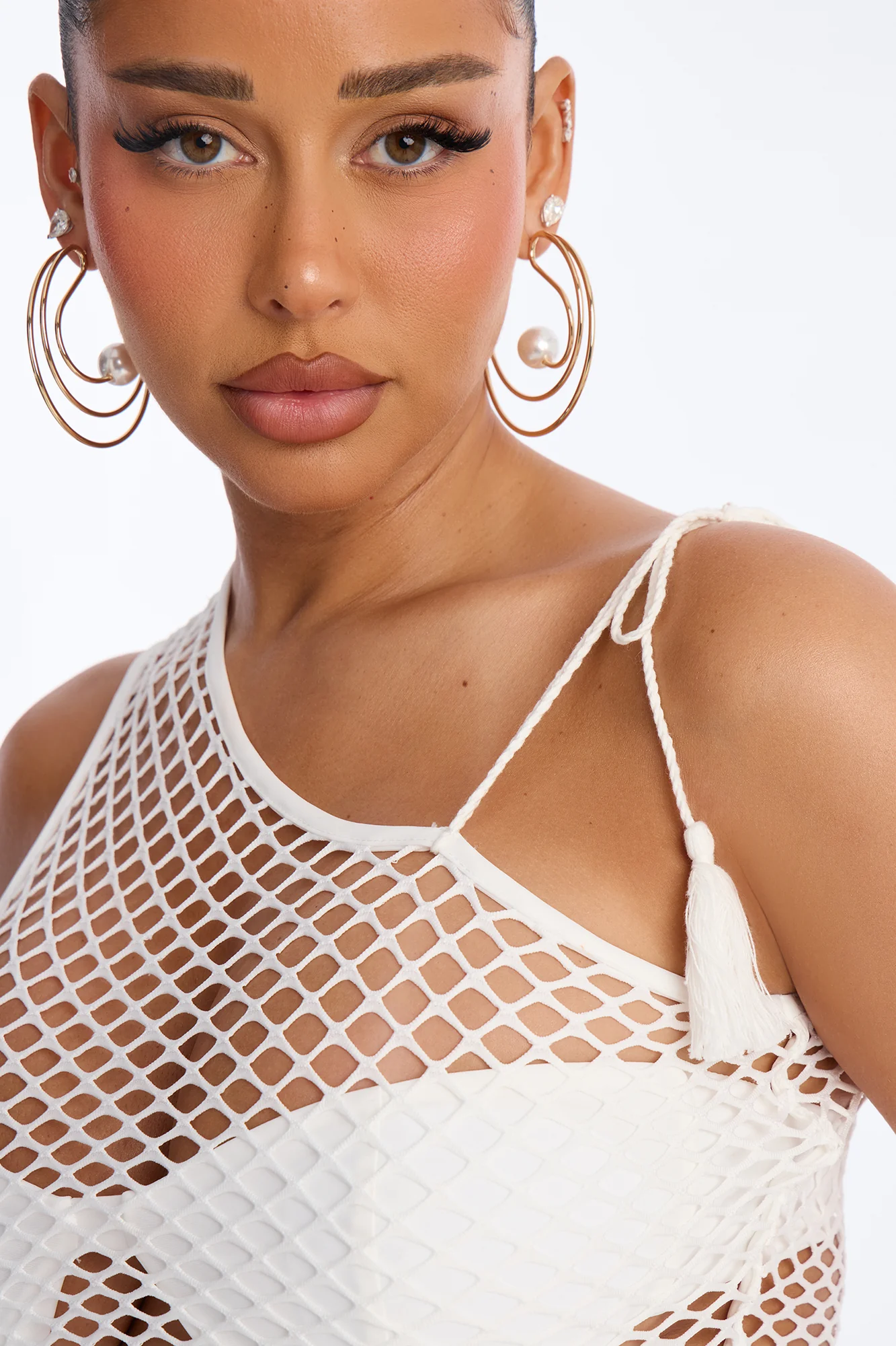 Blush Line Fishnet 4 Piece Strapless Bikini & Cover Up Mini Skirt Sunsuit - White