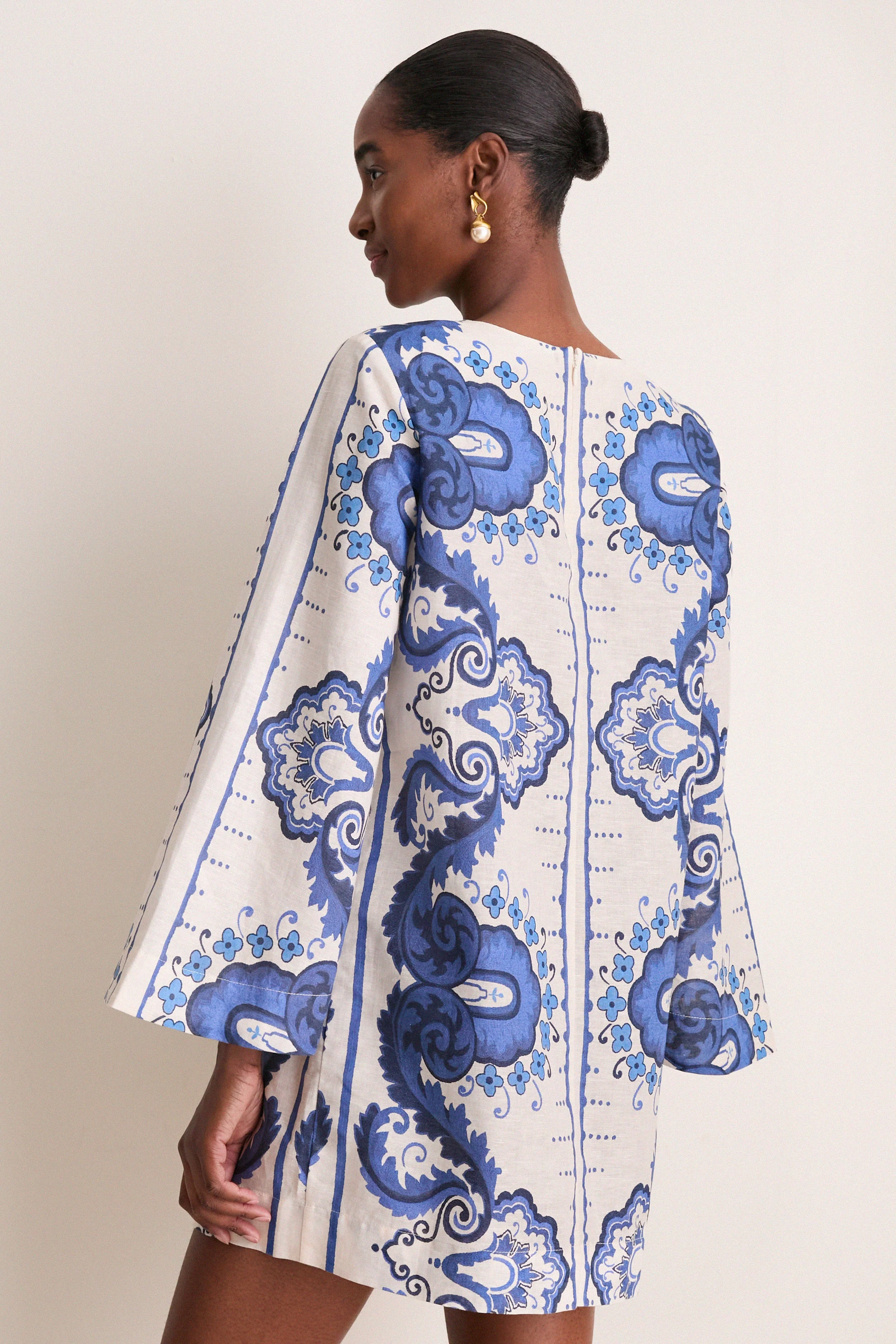 Ultramarine Medallion Cotton Linen Linden Mini Dress