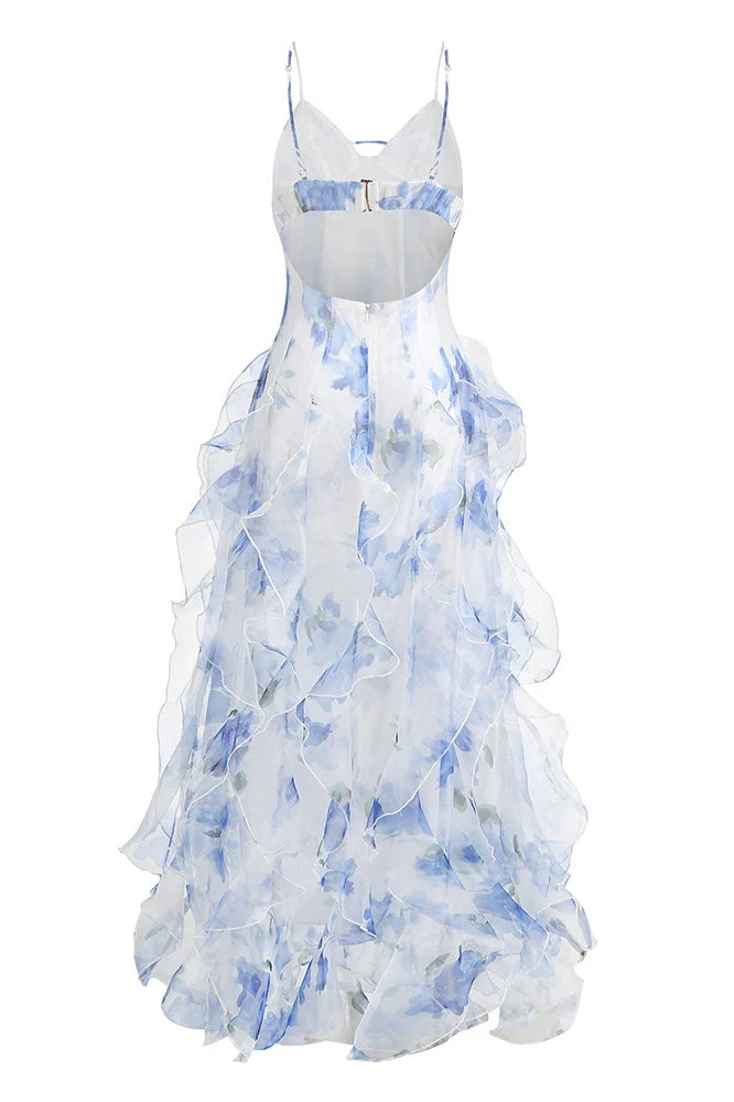 Blue Floral Straps Ruffle Slit Dress