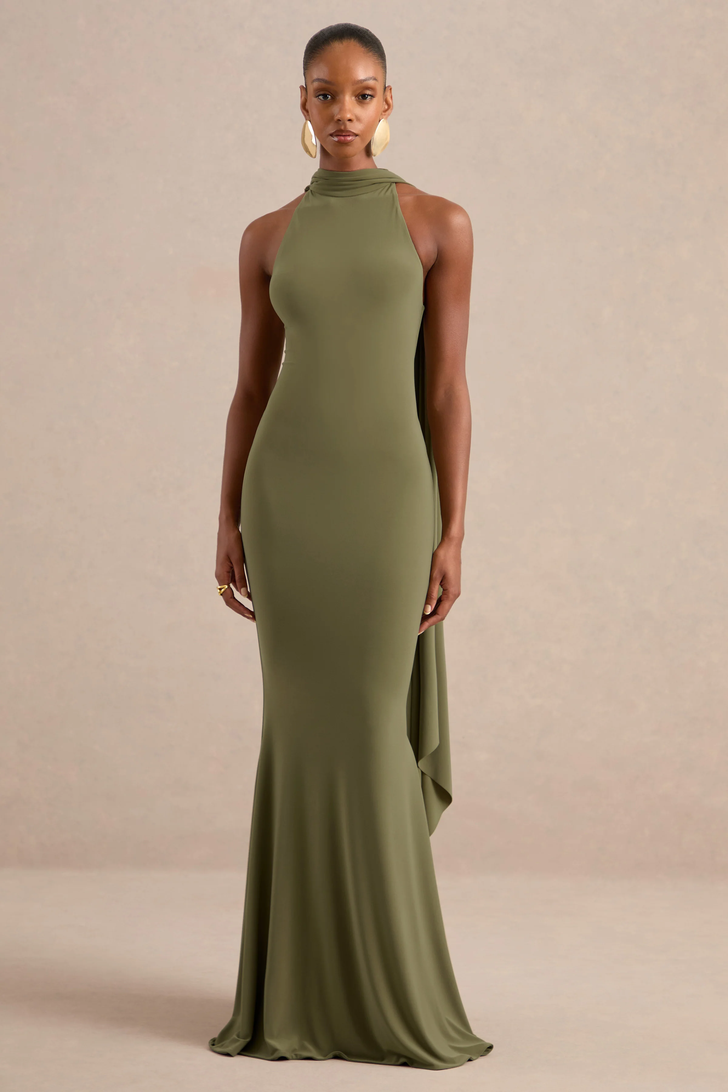 Cordy | Olive Jersey High Neck Maxi Dress With Scarf Detail