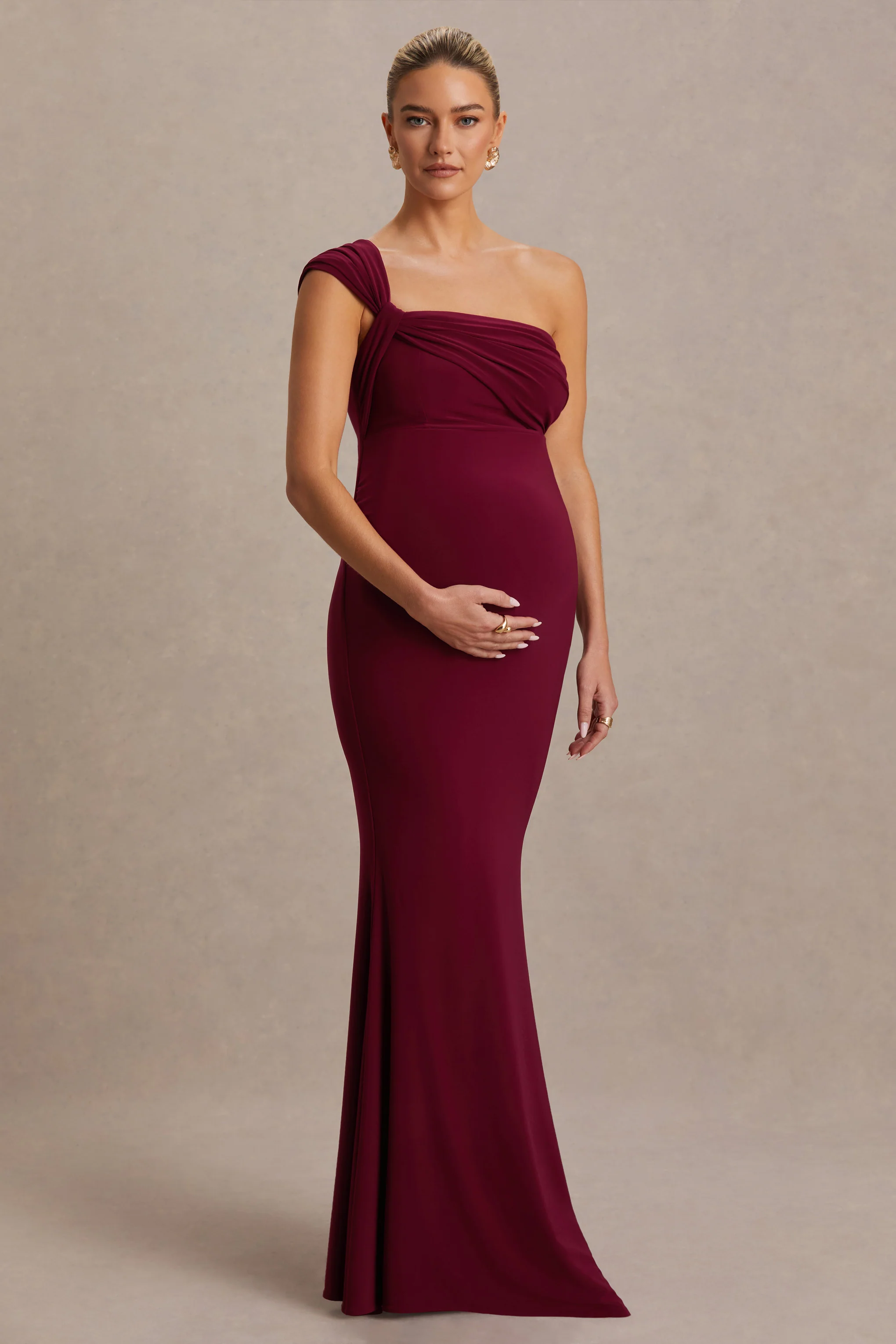 Mila | Burgundy Asymmetric-Neck Maternity Maxi Dress