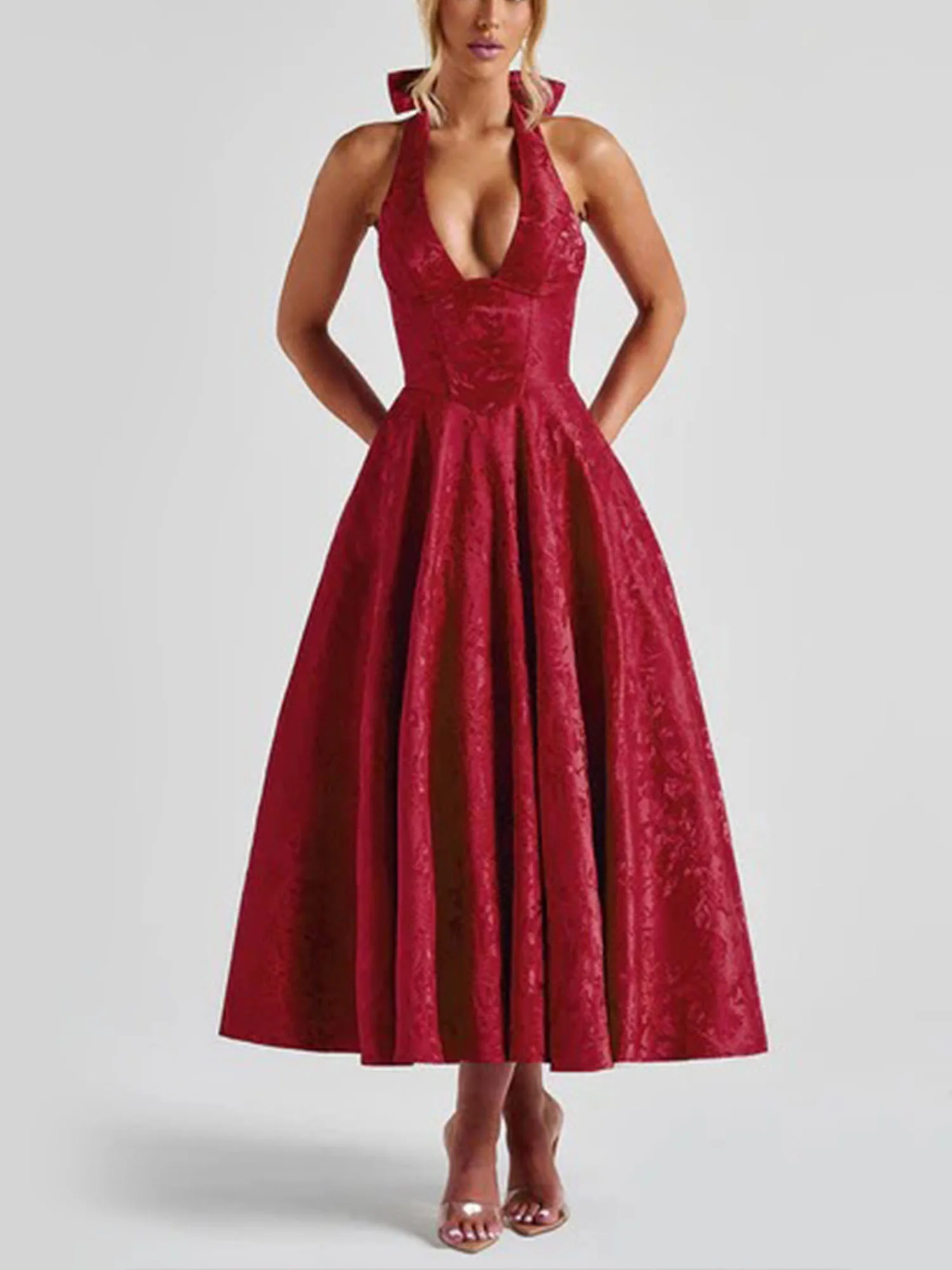 Red Halter Flared Midi Dress