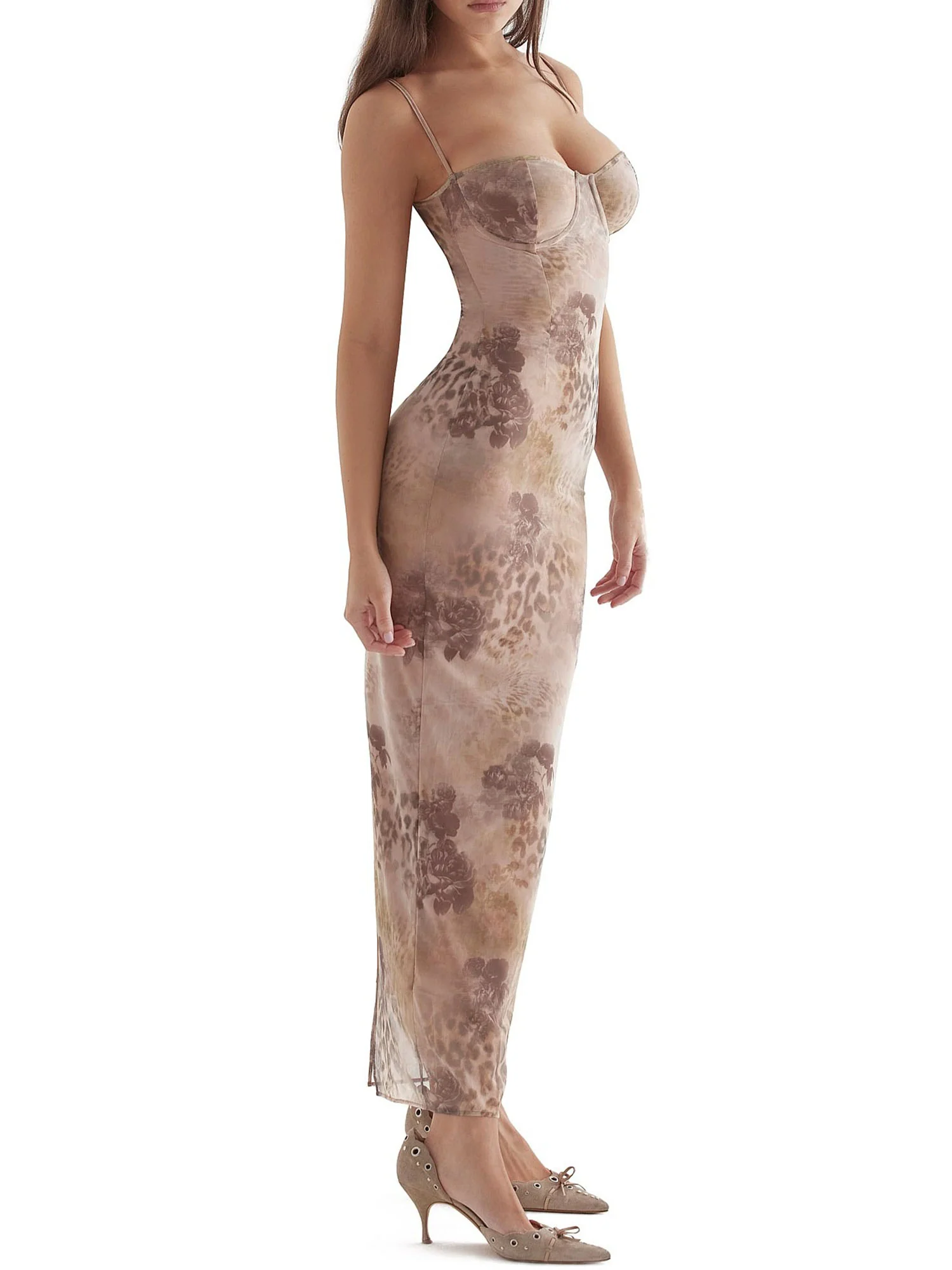 Taupe Sheer Leopard-Print Mesh Maxi Dress