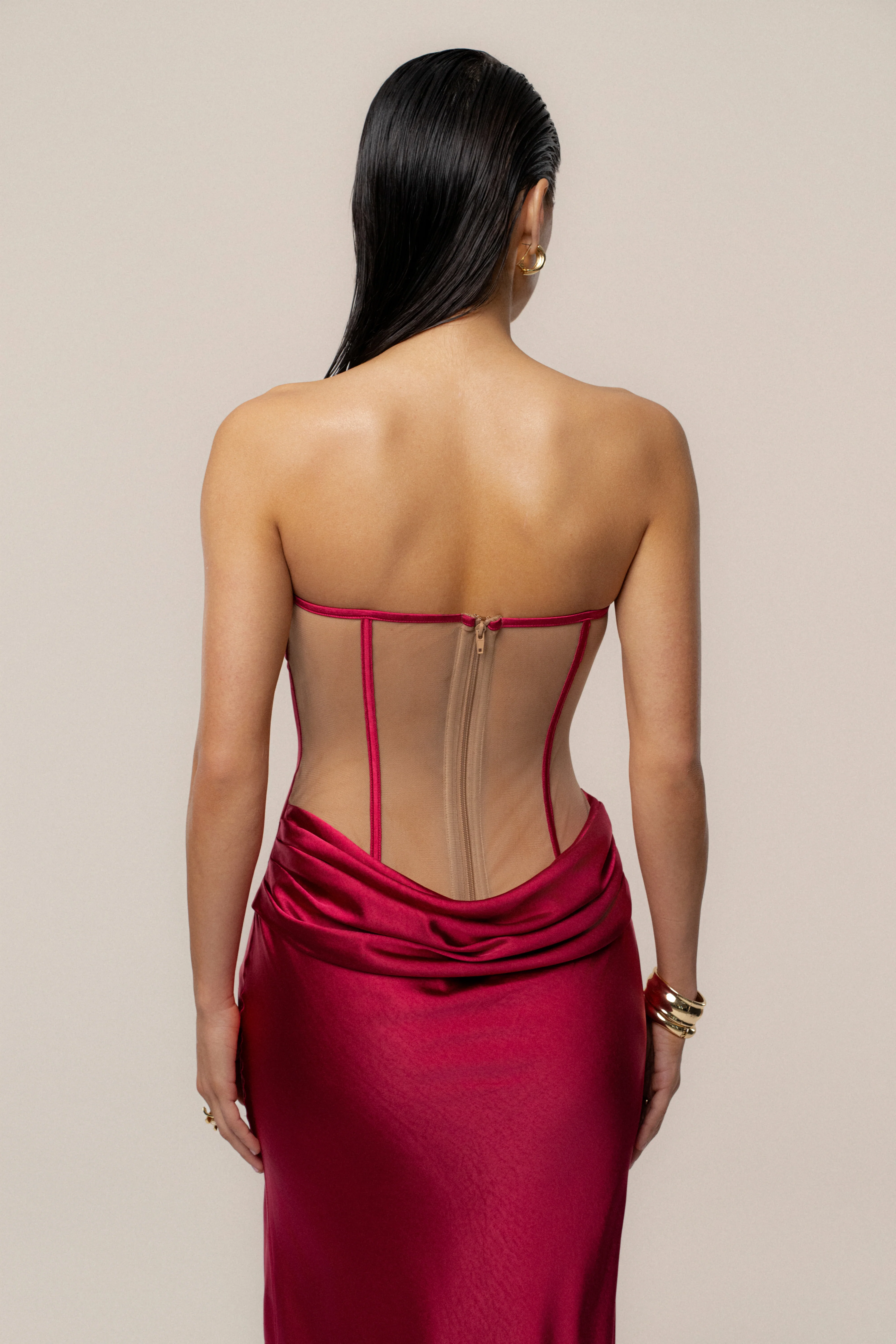Red Regal Rising Satin Maxi Dress