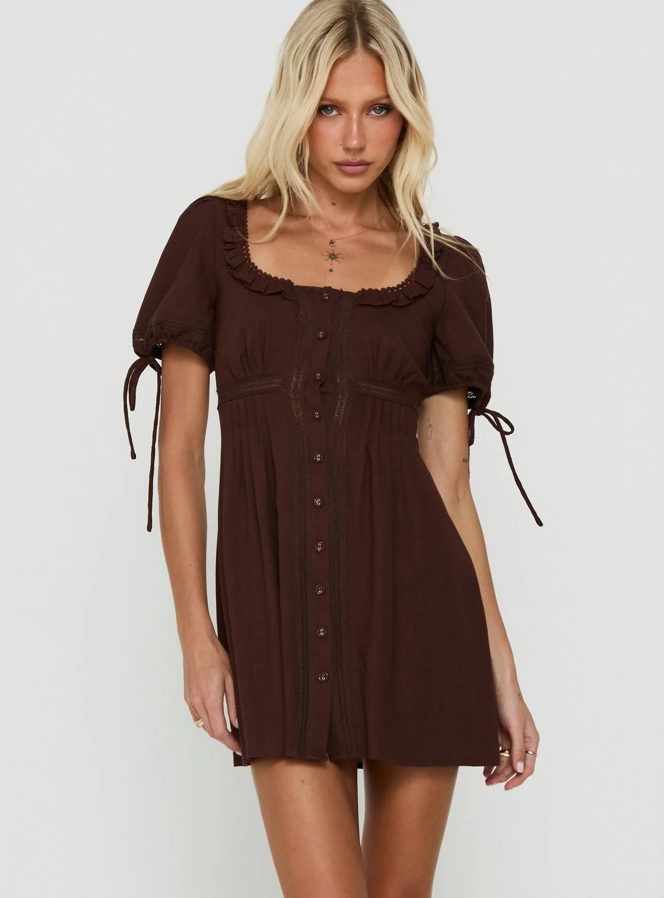 Indianah Pleat Lace Panel Mini Dress Chocolate