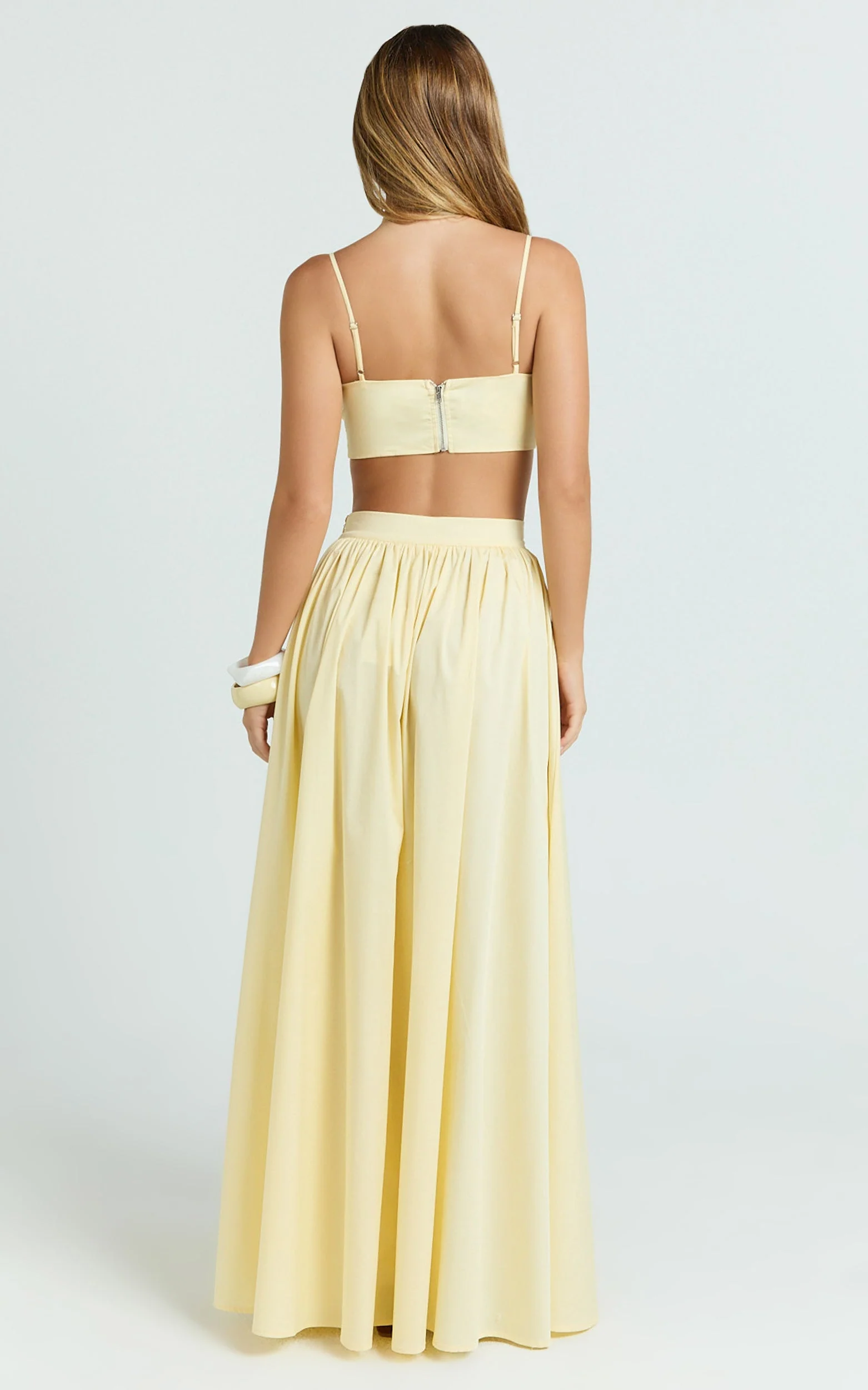 Tegan Two Piece Set - Straight Neck Micro Crop Top and A Line Maxi Skirt Set in Butter Yellow