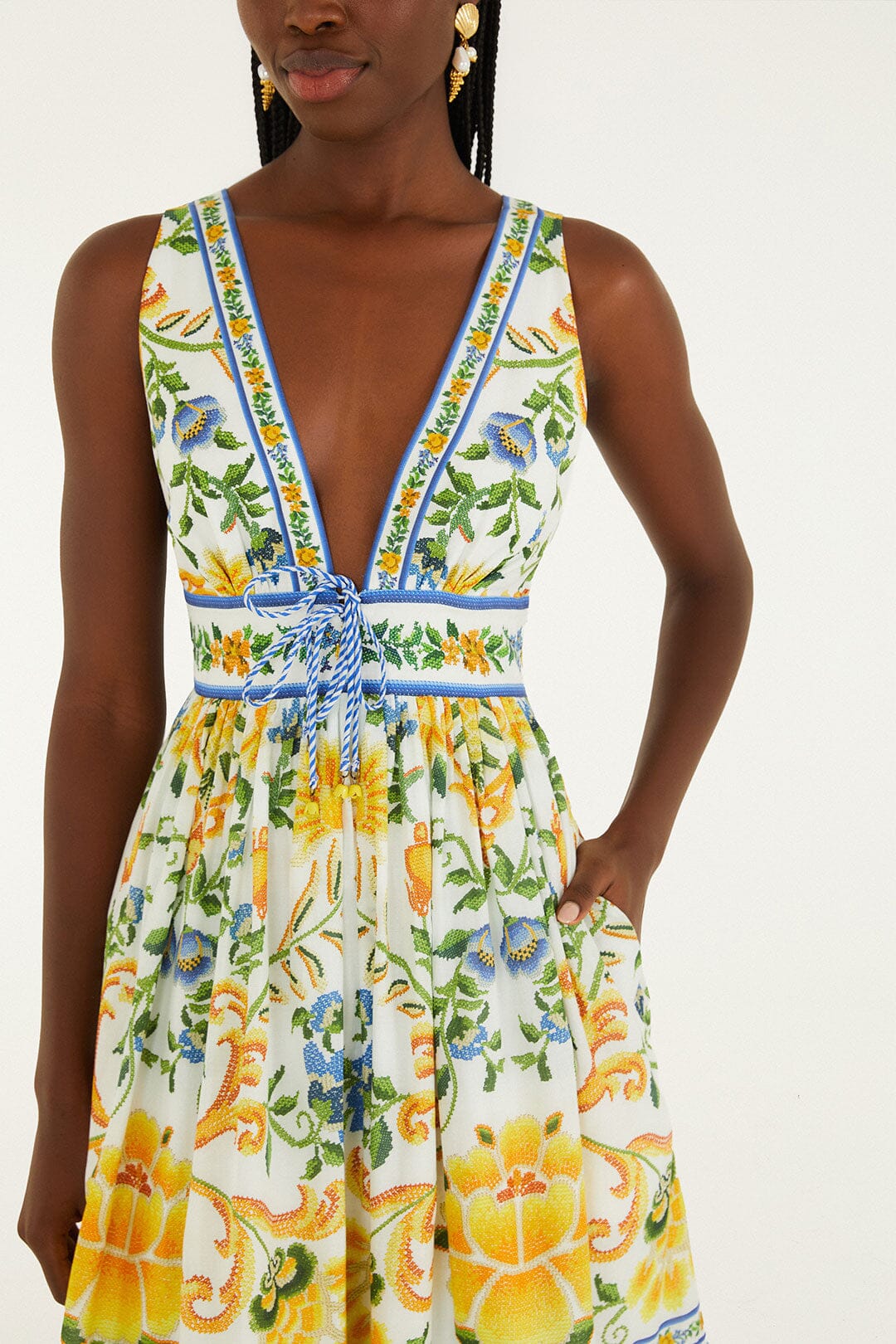 Off-White Emily Floral Tapestry Rope Ties Midi Dress