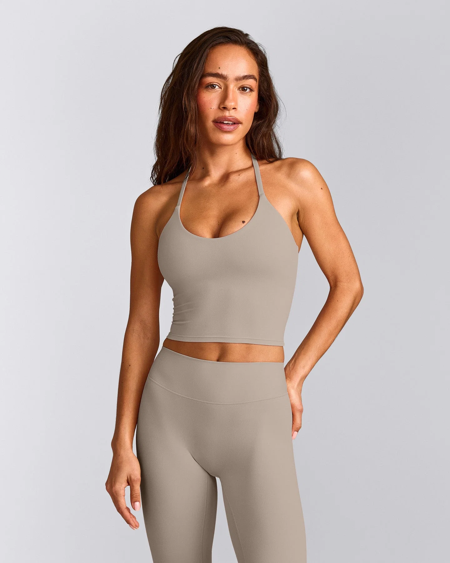 SoftMotion™ Strappy Halter Neck Mid Vest with Built in Bra Shelf with White Logo | Warm Sand