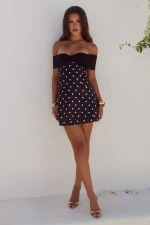 KADIE OFF SHOULDER MINI DRESS - BLACK/WHITE POLKA