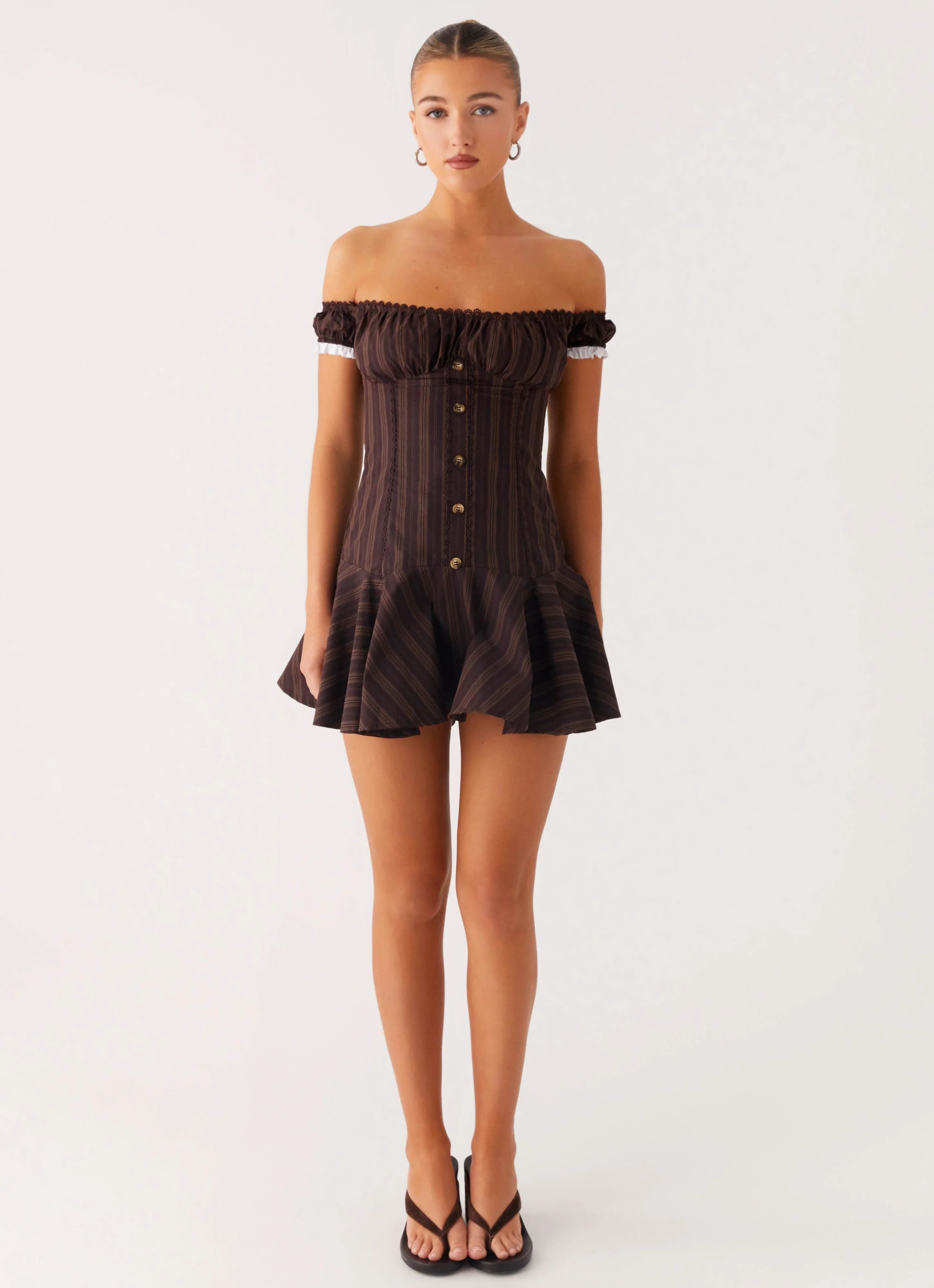 Jumana Off Shoulder Mini Dress - Toffee Stripe