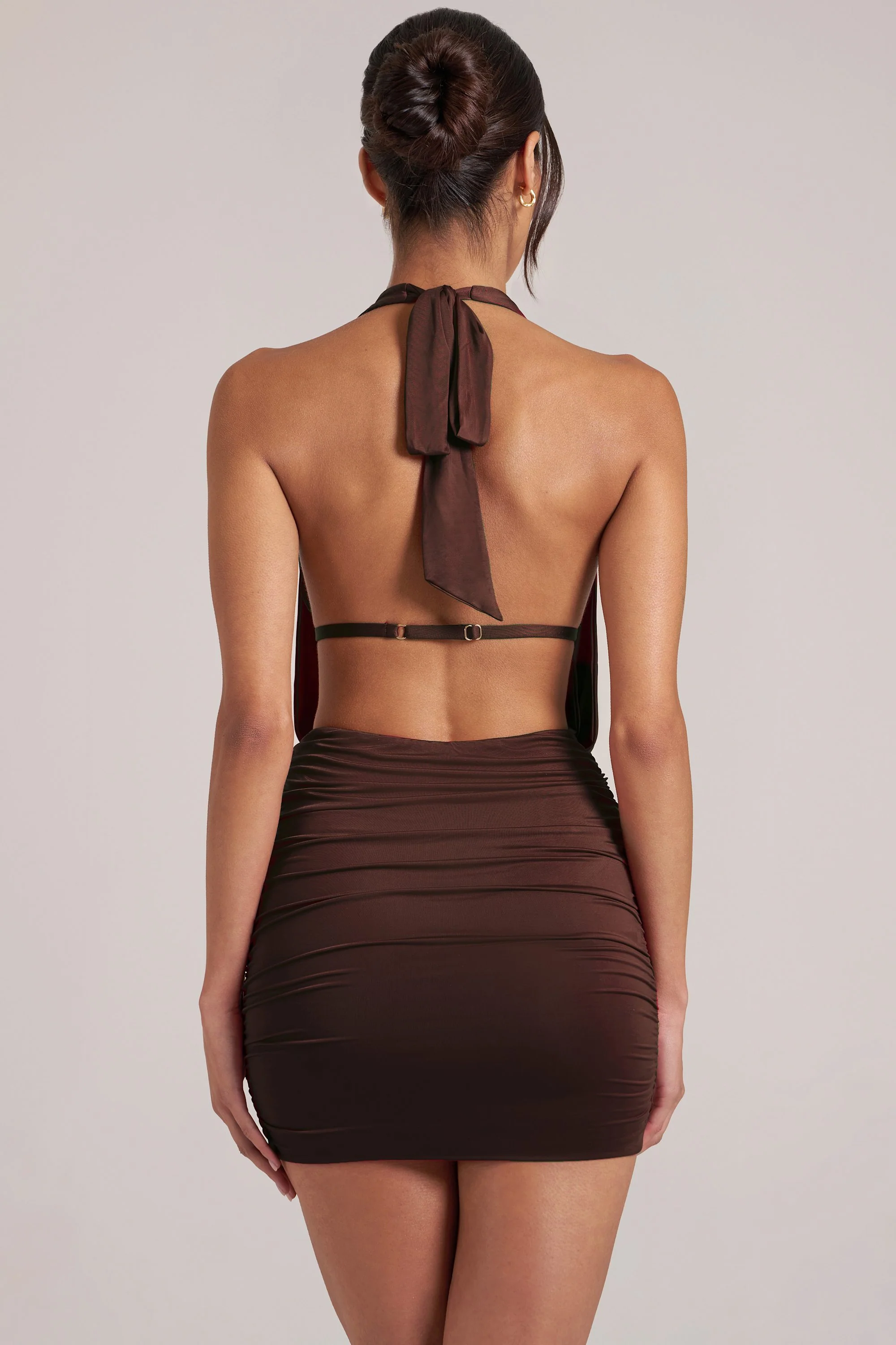 Draped Cowl Mini Dress In Chocolate Brown