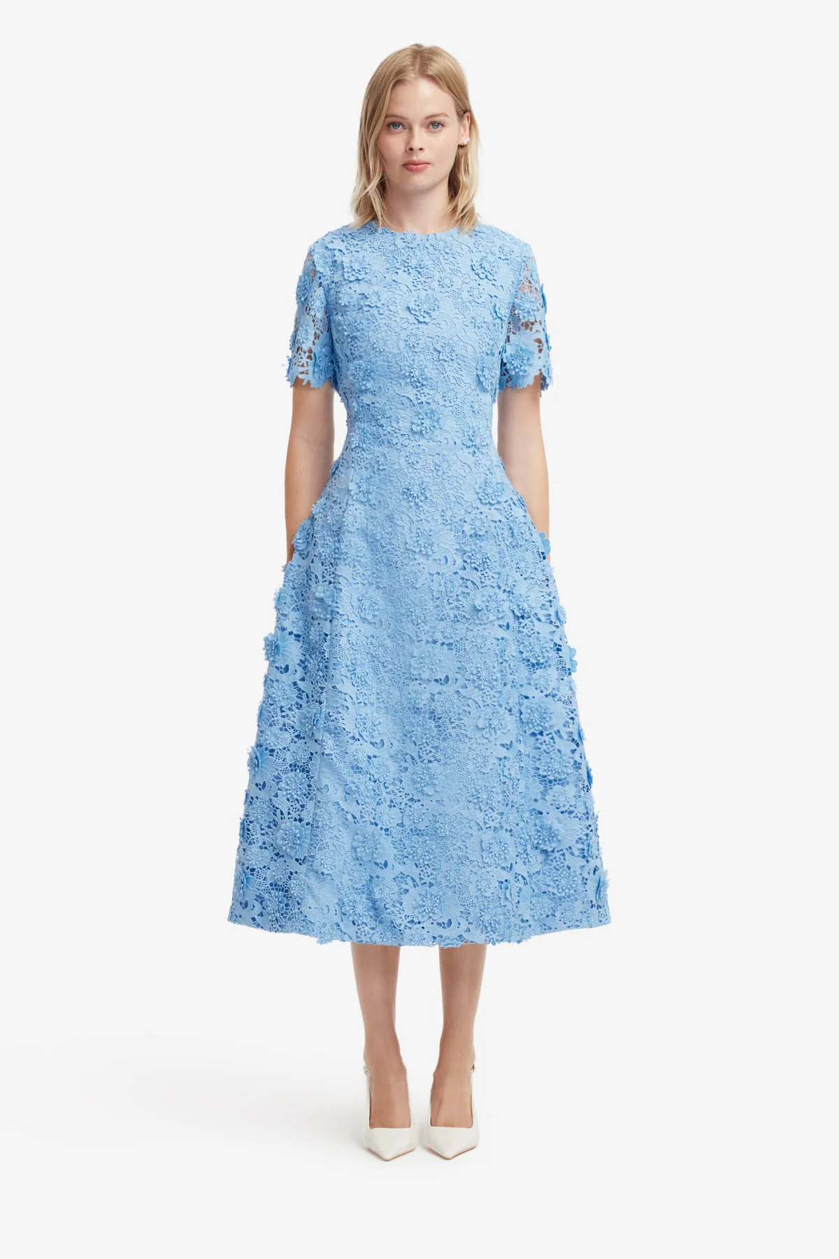 Caroline Lace Short Sleeves Midi Dress - Pastel Blue
