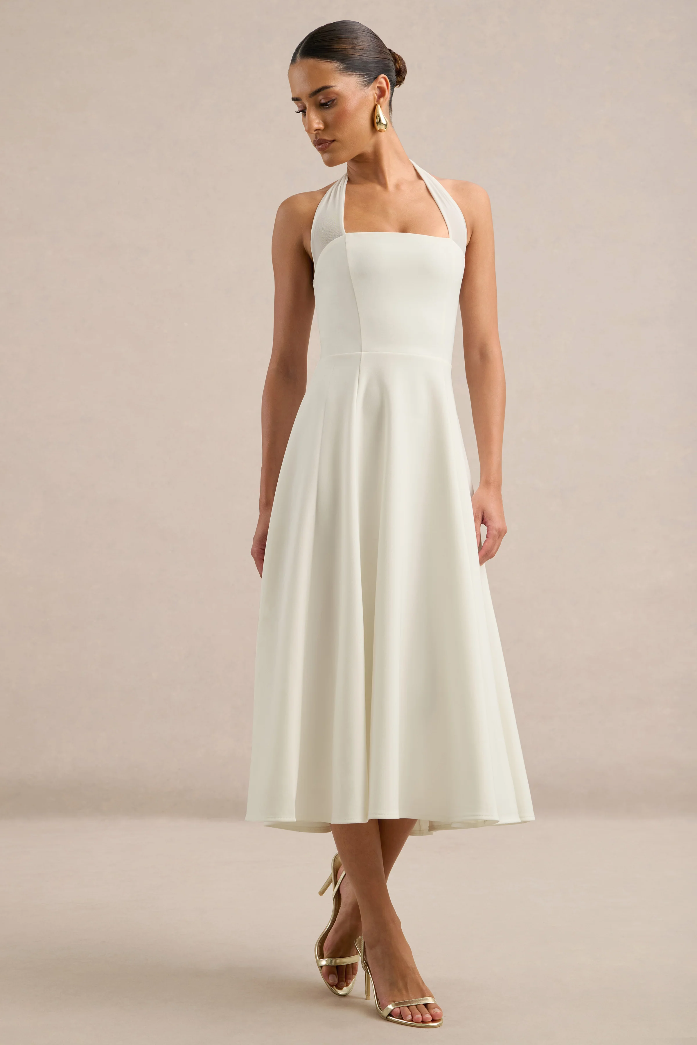 Auburn | White Halter A-Line Midi Dress With Mesh Tie Back Detailing