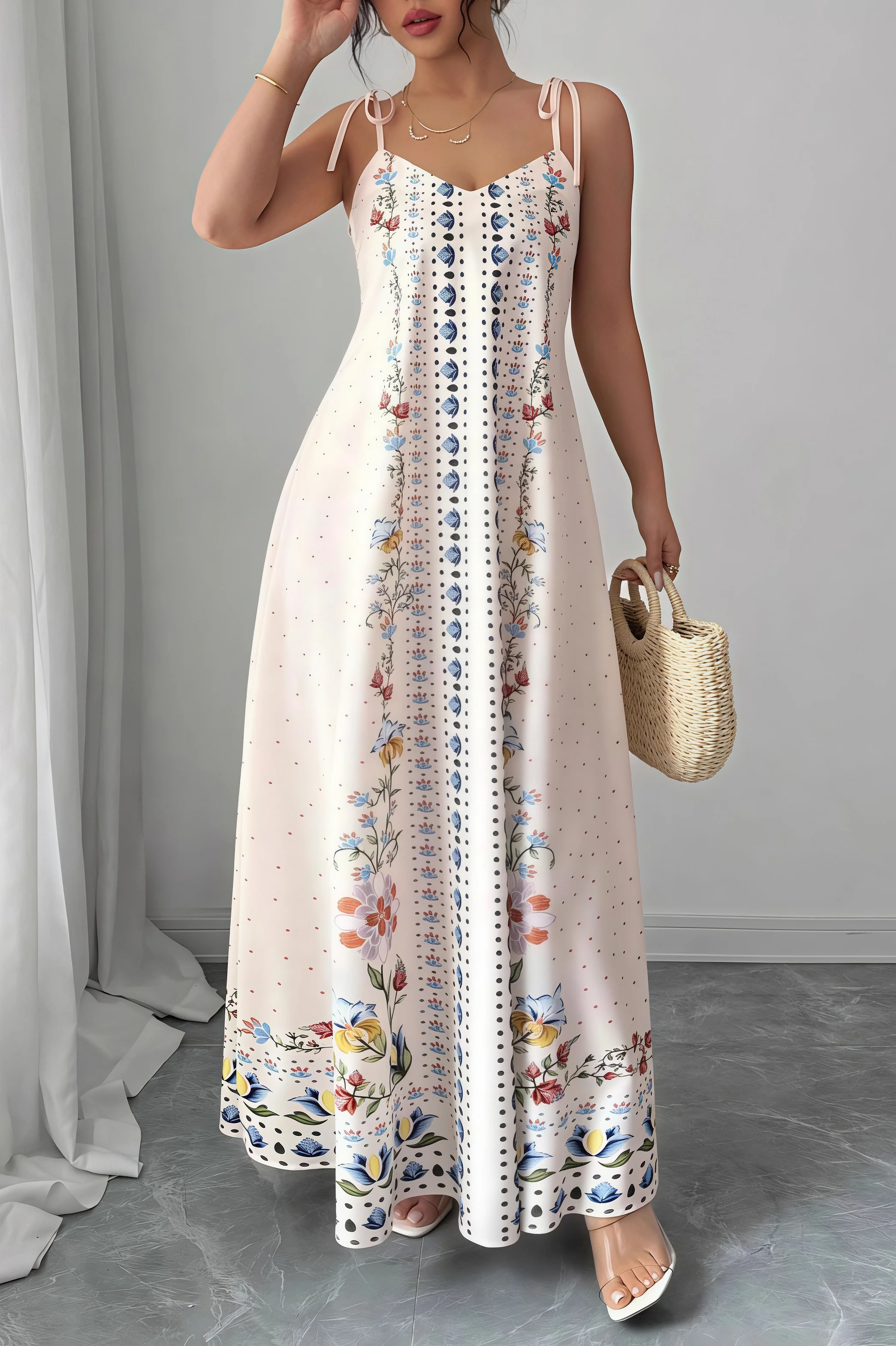 Elegant Floral Print Unique Spaghetti Strap Sleeveless Maxi Dress