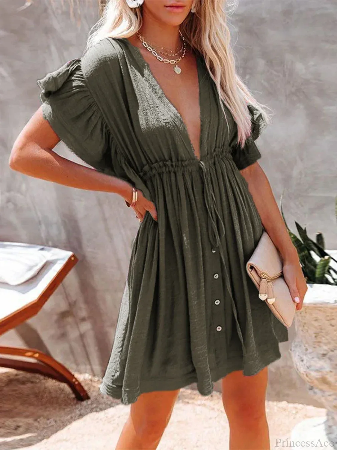 Deep V-Neck Ruffle Lace Up Beach Cover Up