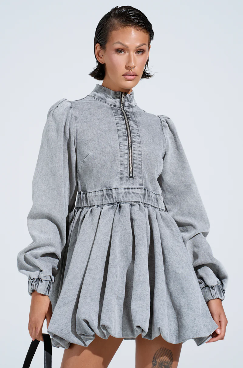 Pass The Bubbly Denim Mini Dress In Light Grey