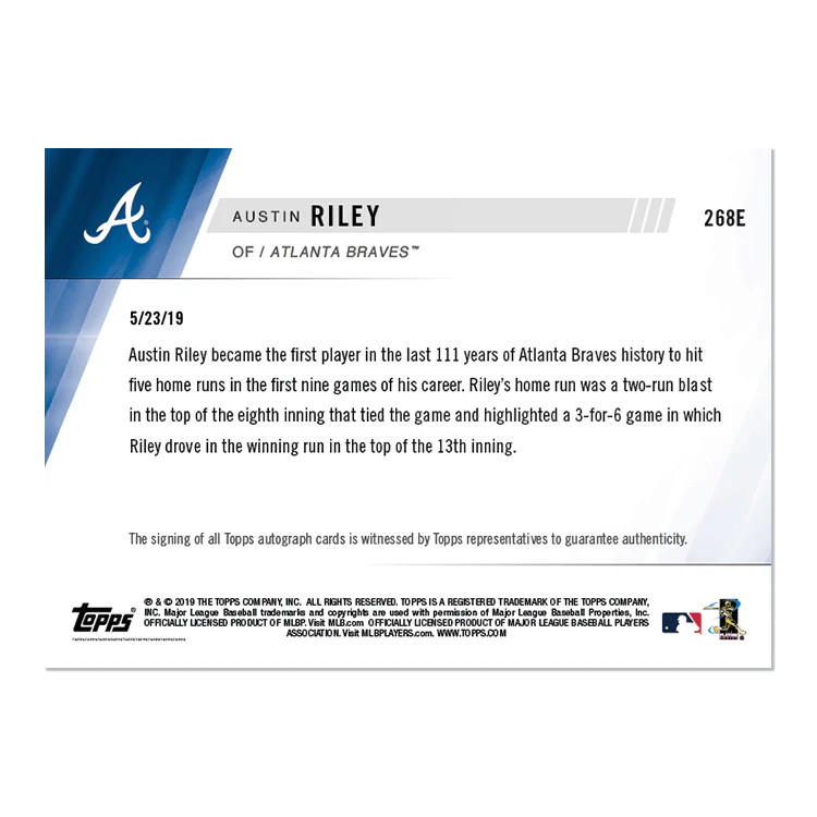 On-Card Autograph # to 5 - Austin Riley - MLB TOPPS NOW® Card 268E