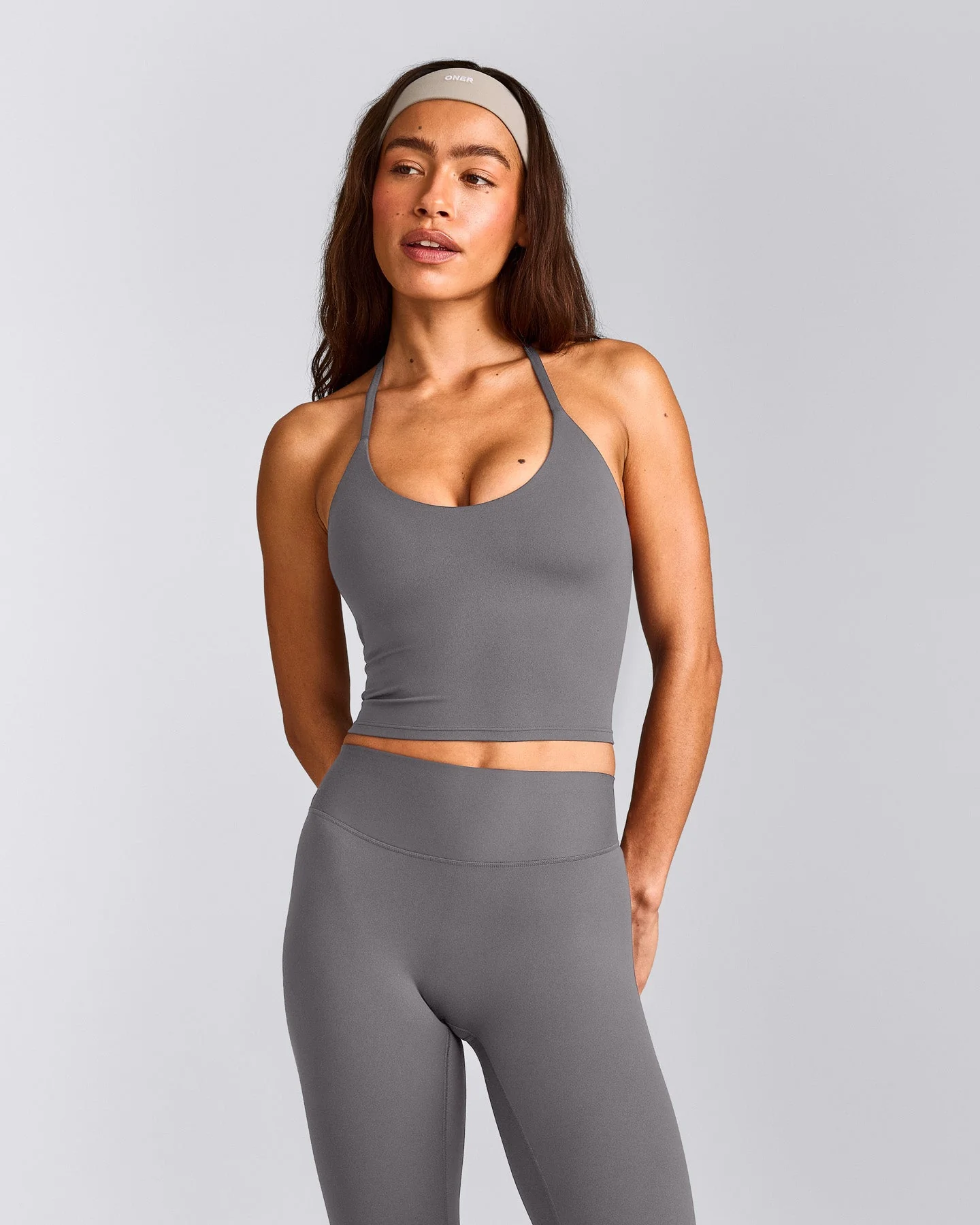 SoftMotion™ Strappy Halter Neck Mid Vest with Built in Bra Shelf with Grey Logo | Ash Grey