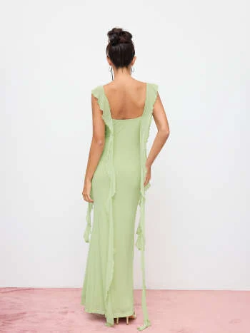 Mesh Ruffle Hem Maxi Dress