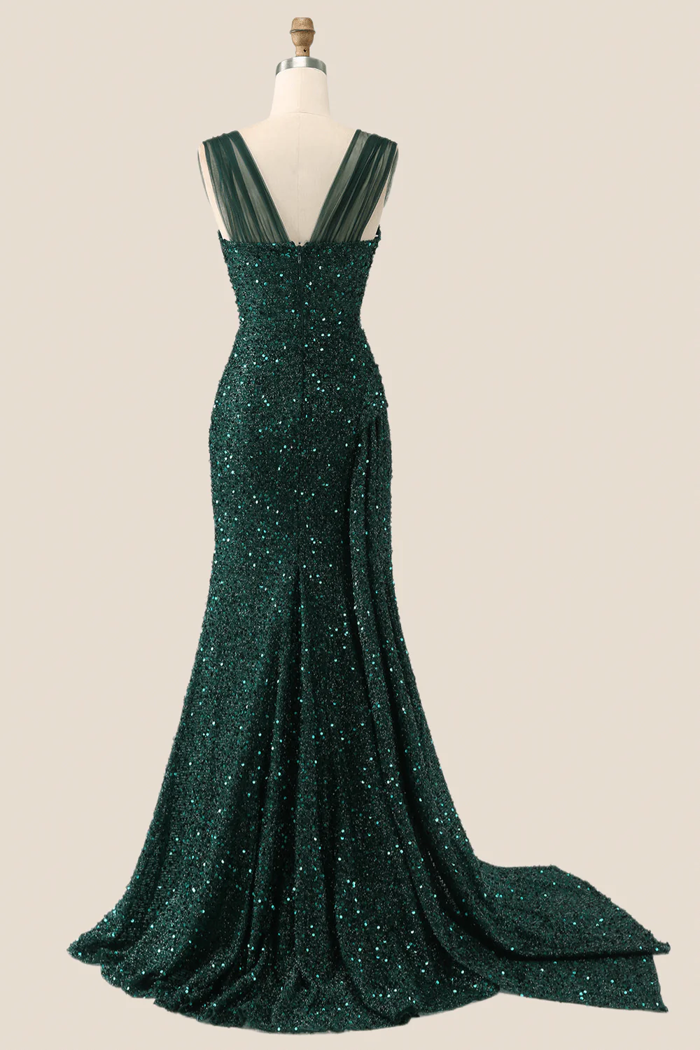 Ruched Dark Green Sequin Mermaid Long Evening Dress