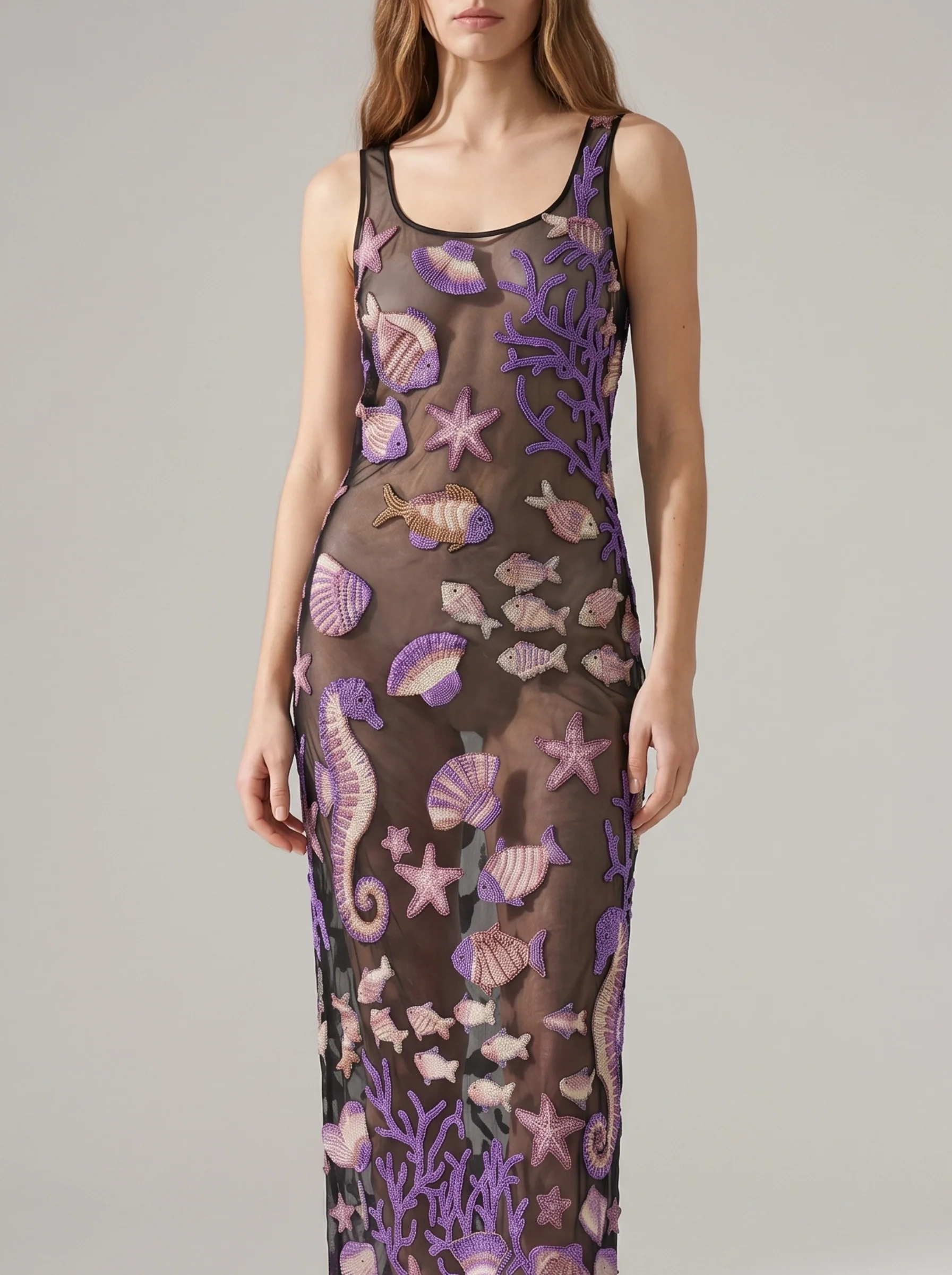 Coraline Black Purple Sheer Maxi Dress