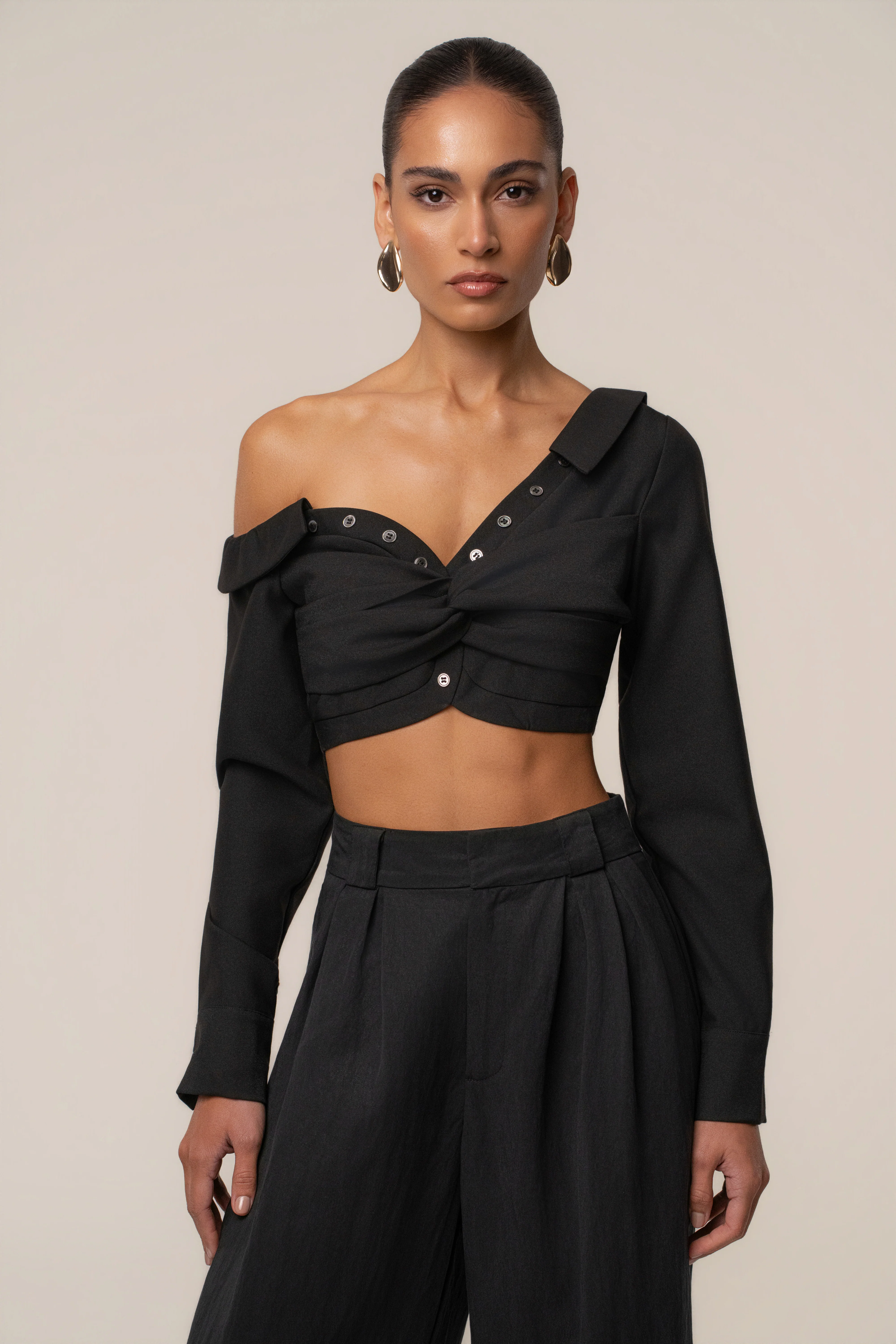 Black Off-Shoulder Twist Crop Top