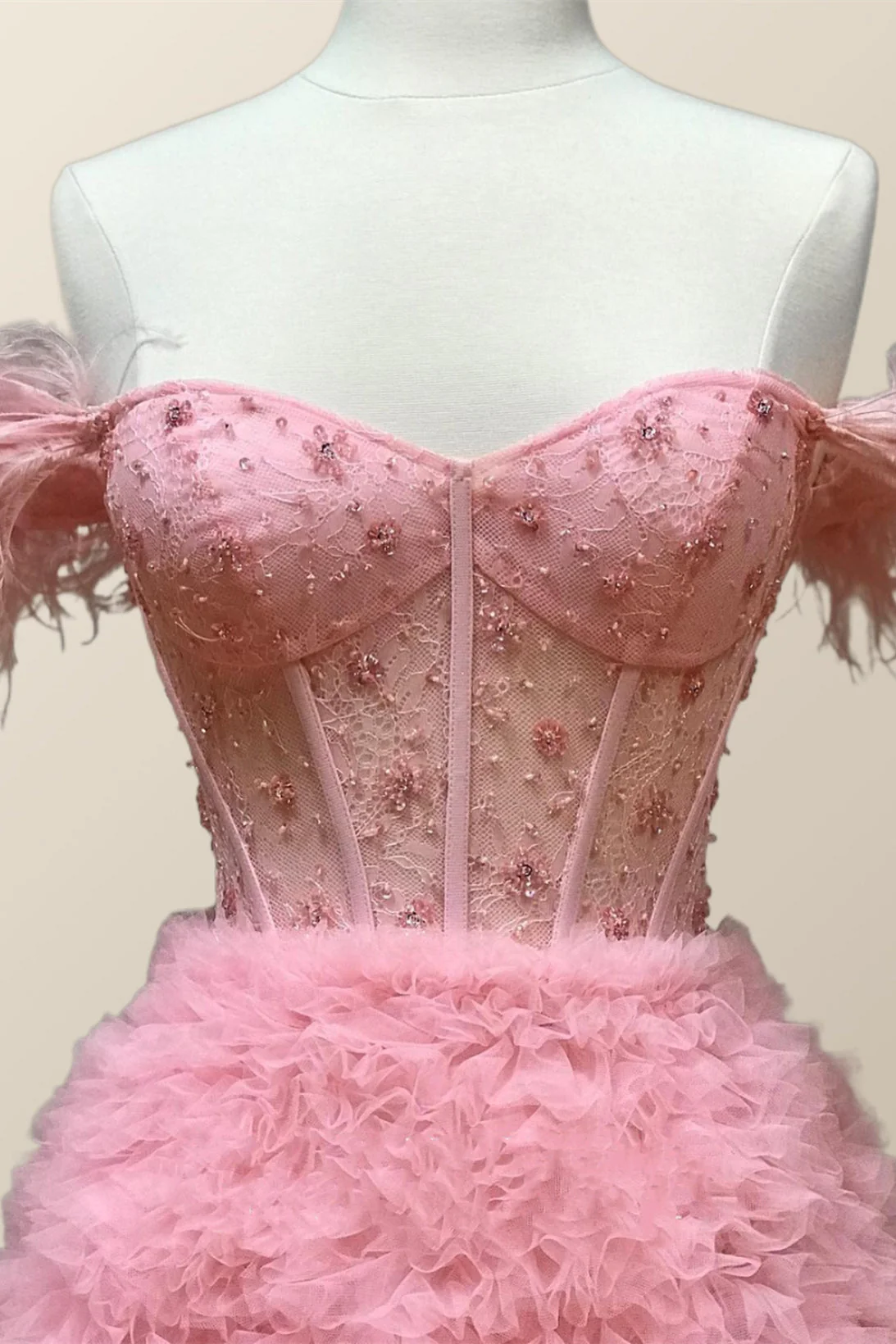 Off the Shoulder Pink Tiered Layers Long Formal Gown