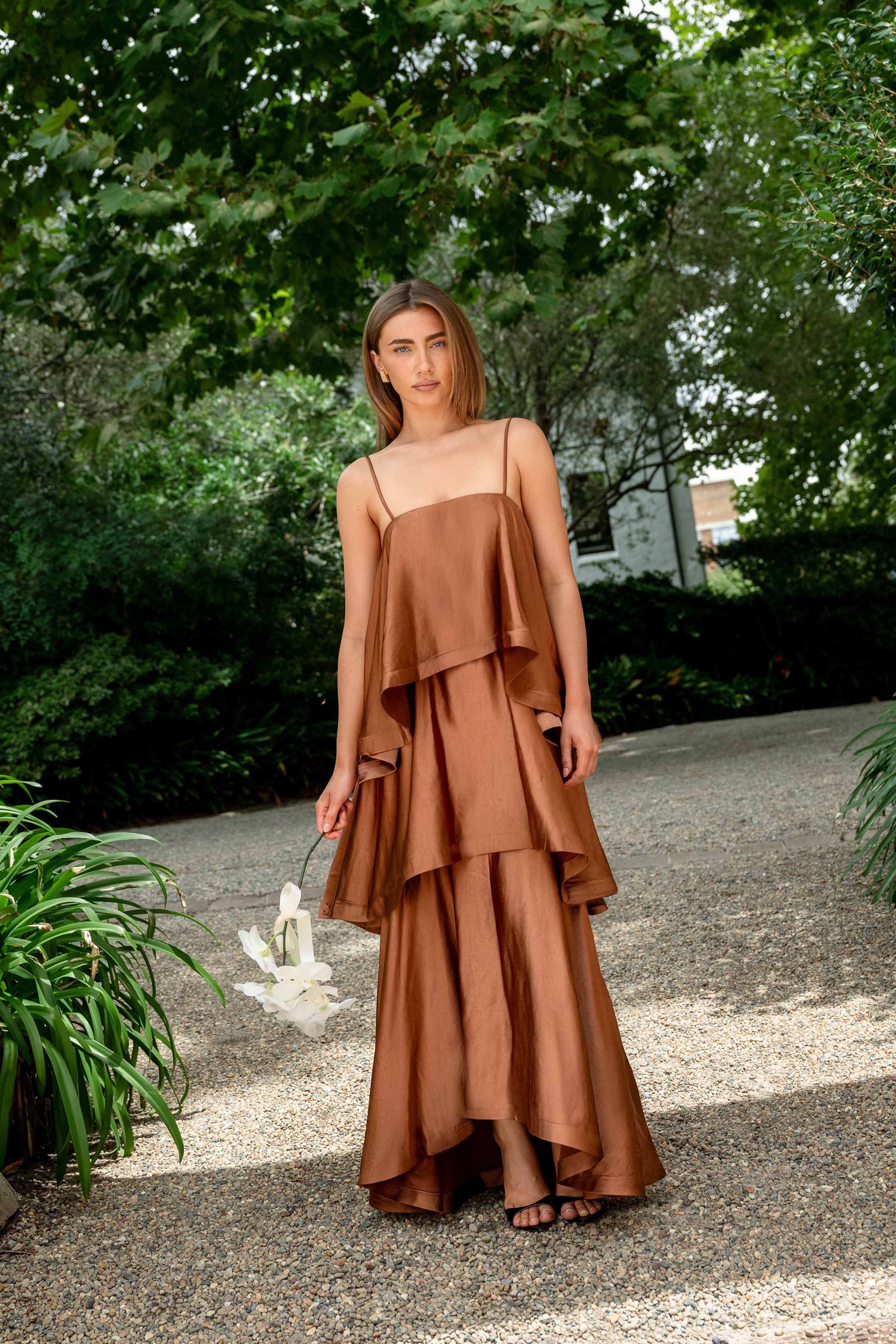 Tilly Tiered Maxi Dress in Toffee Brown