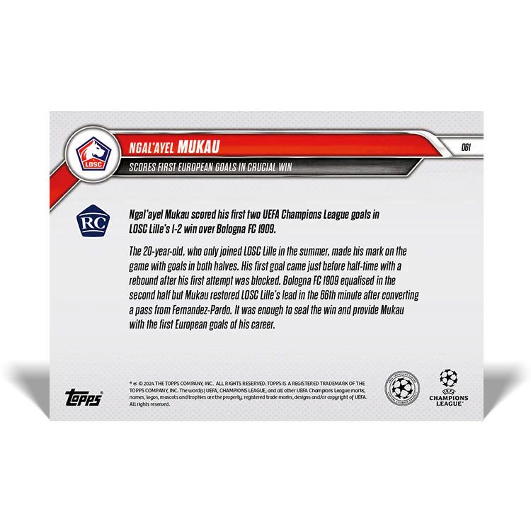 Ngal'ayel Mukau - Scores first European goals in crucial win - 24/25 UCC Topps NOW® Card 61