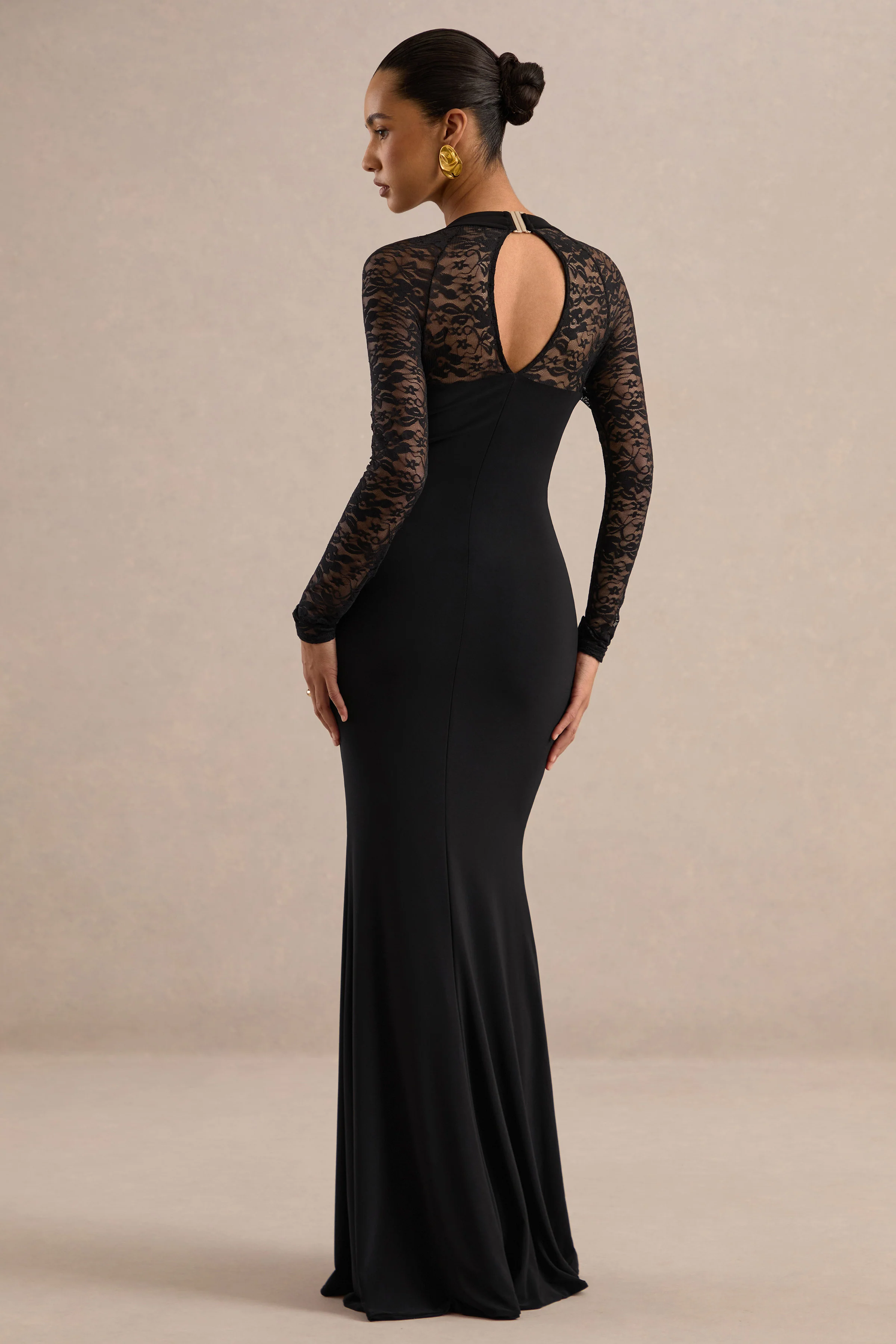 Anessa | Black Jersey Square Neck Maxi Dress With Sheer Lace Sleeves And Split
