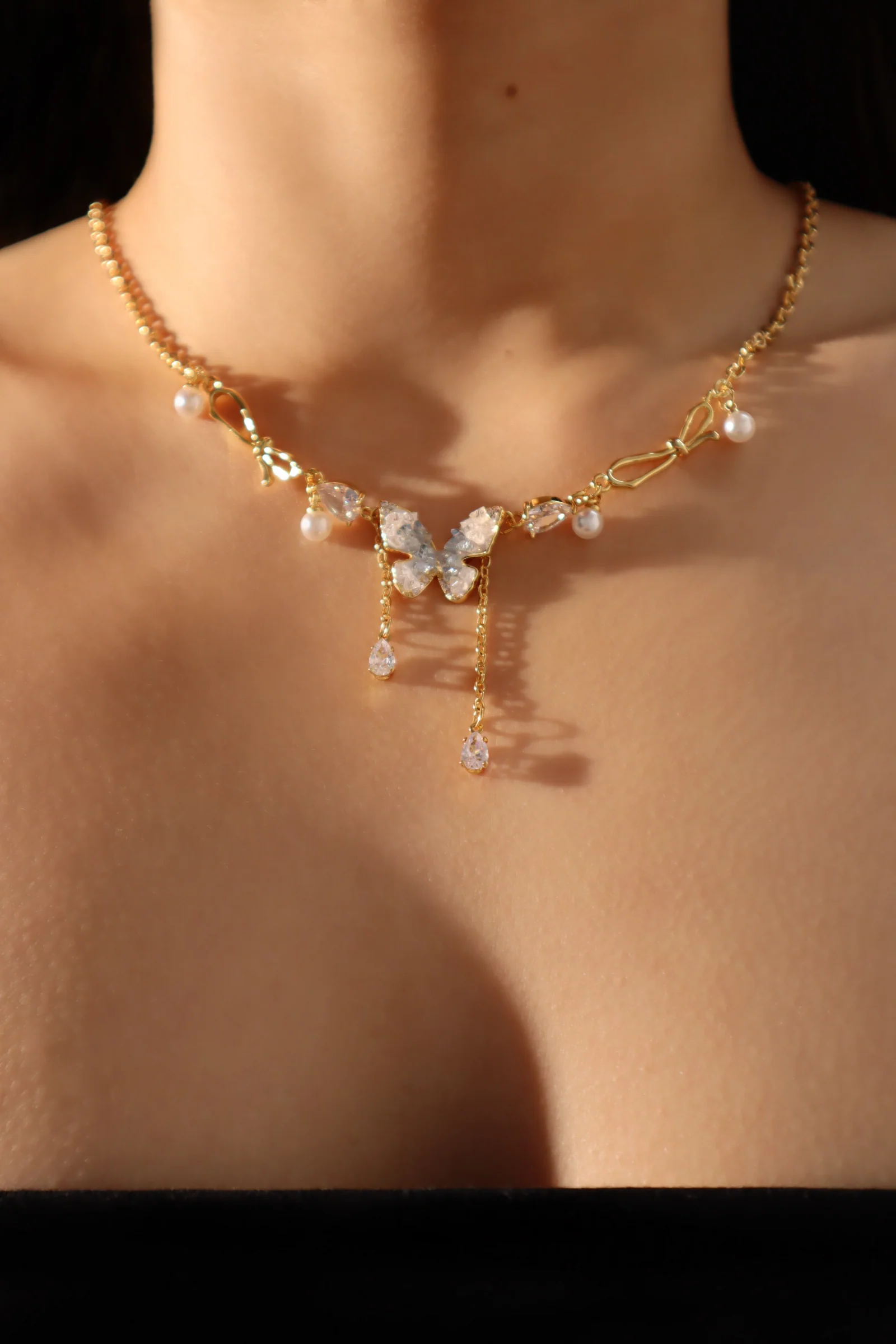 18K Real Gold Plated Blue Crystal Butterfly Necklace