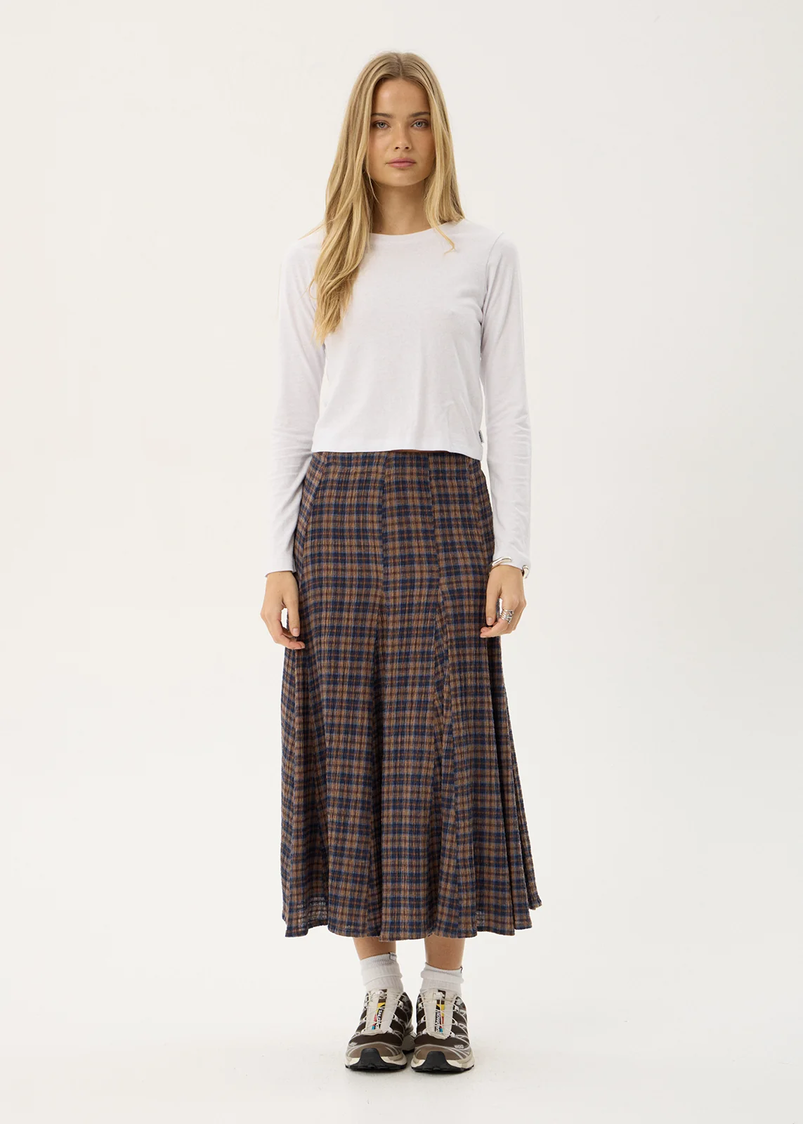 AFENDS Womens Lana - Seersucker Midi Skirt - Shev Indigo Check