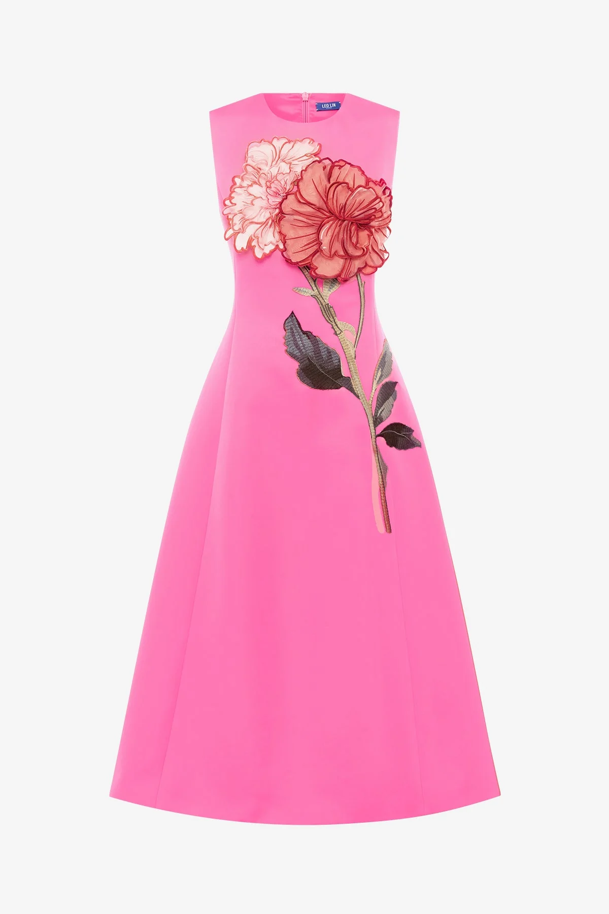 Cleo Appliqué Sleeveless Midi Dress - Peony Print in Fuchsia