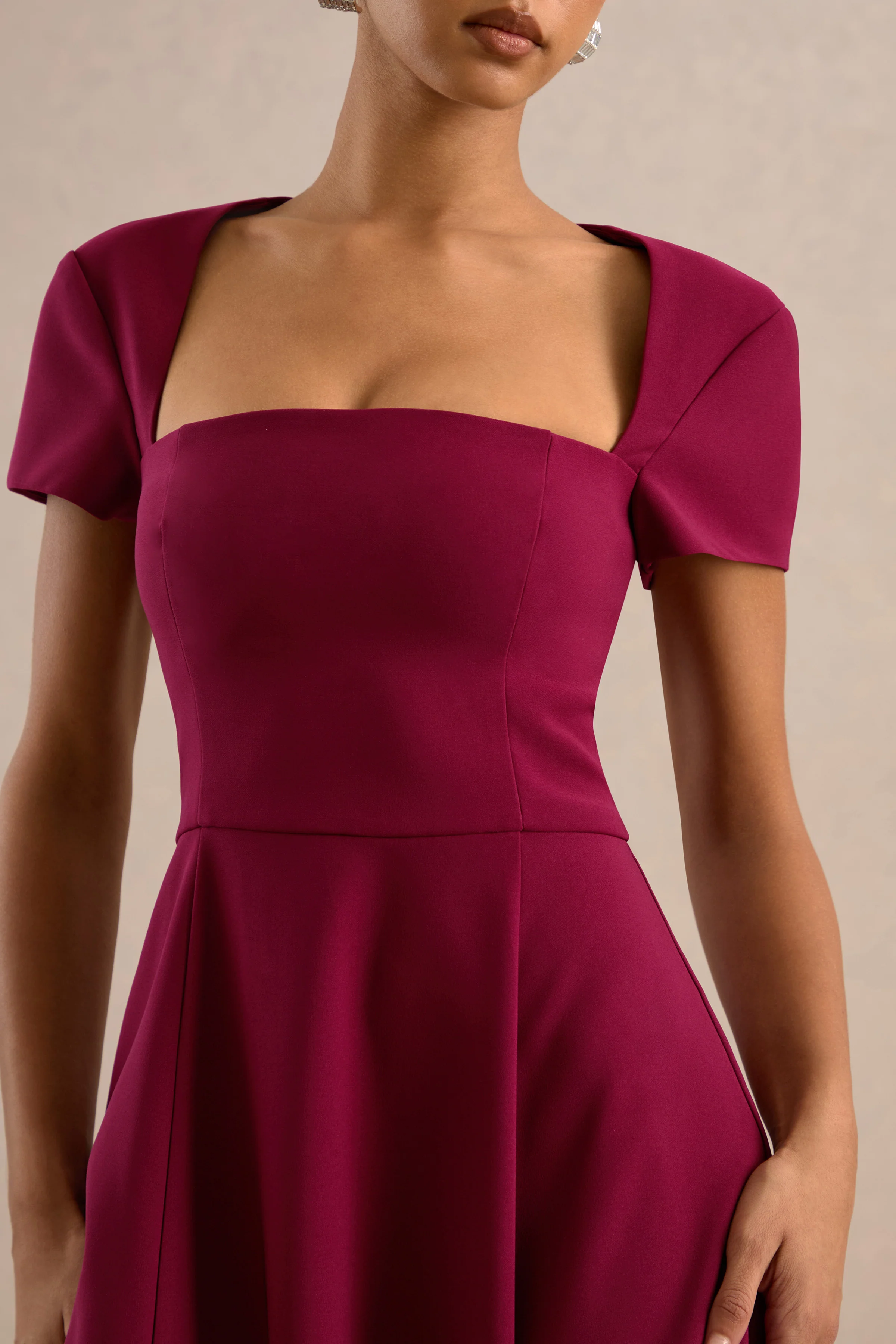Donia | Burgundy Square Neck Short Sleeve A-Line Midi Dress
