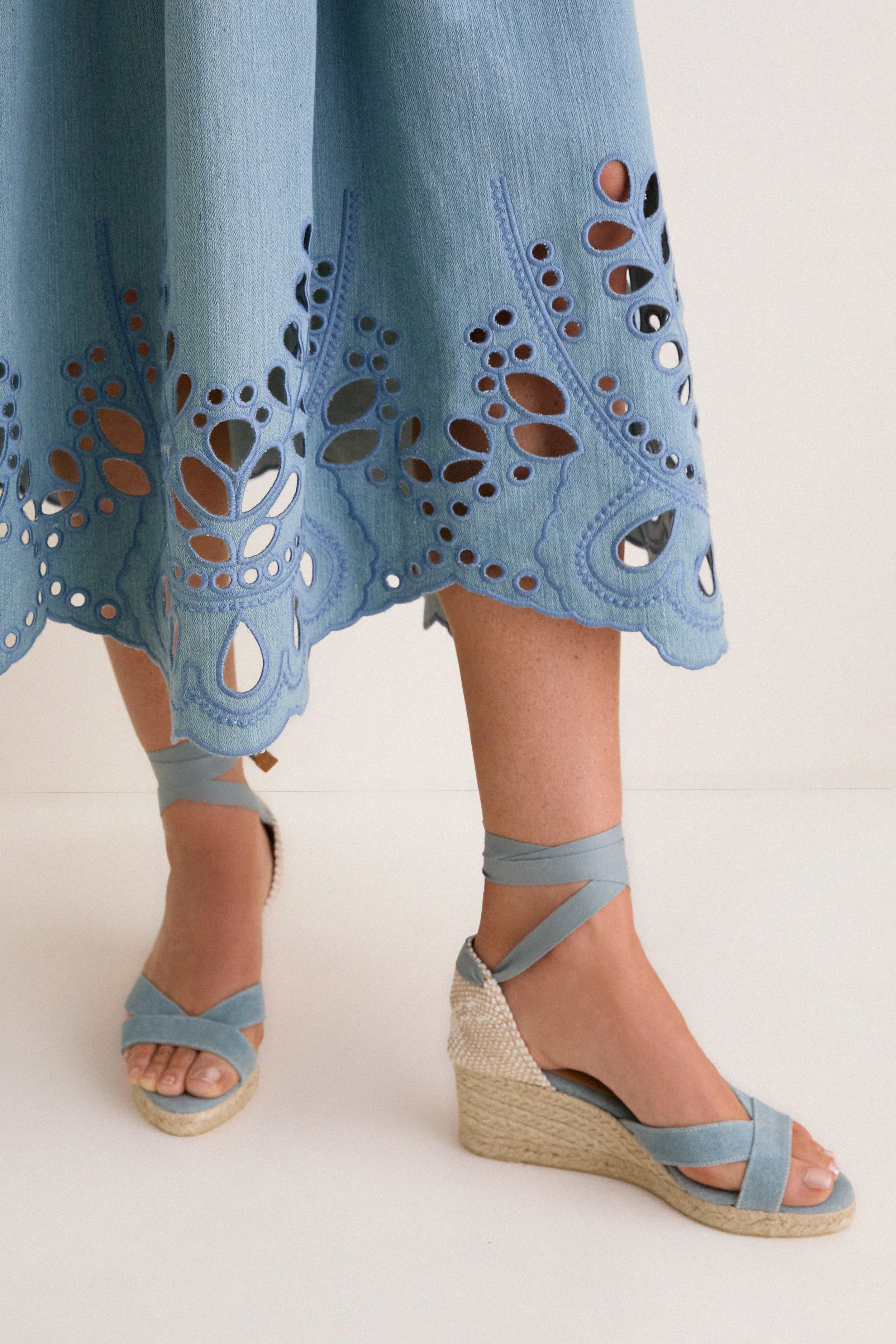 Light Blue V-Neck Eyelet Detail Midi Dress