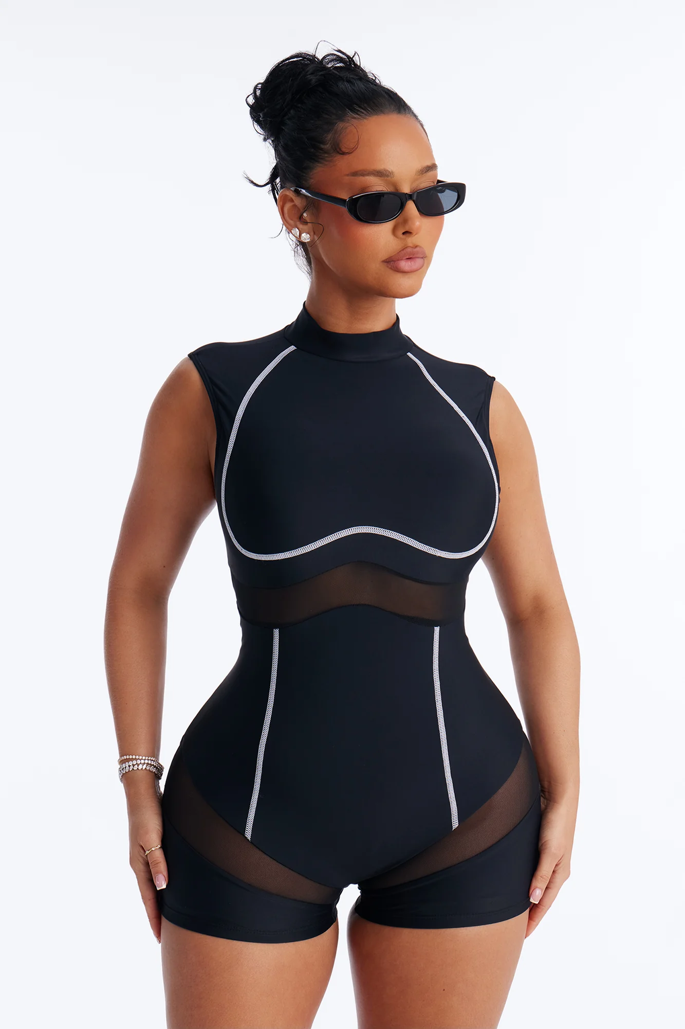 Jestena 1 Piece Turtle Neck Cutout Mesh Romper Swimsuit - Black