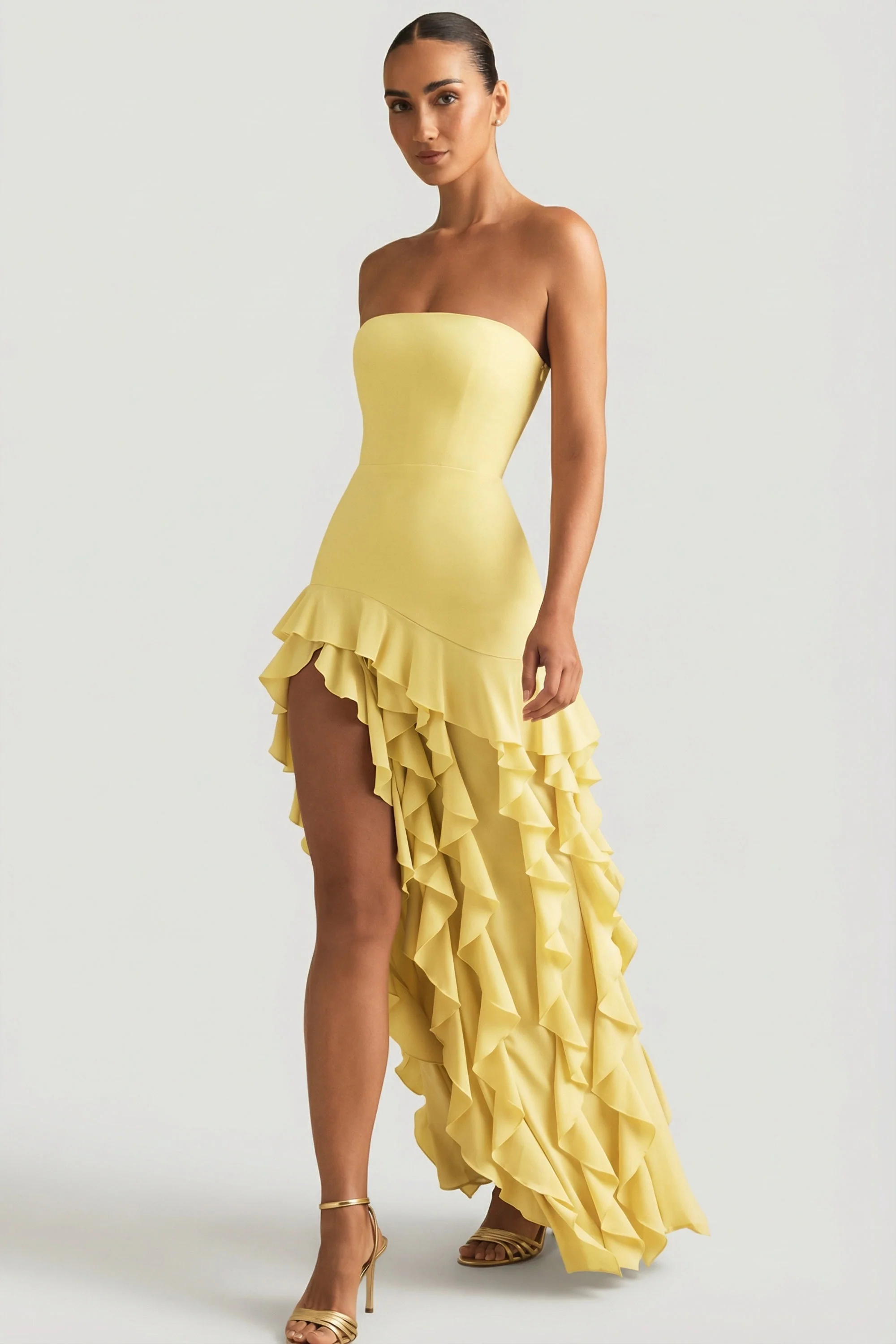 Ruffle-Trim Strapless Gown in Daffodil